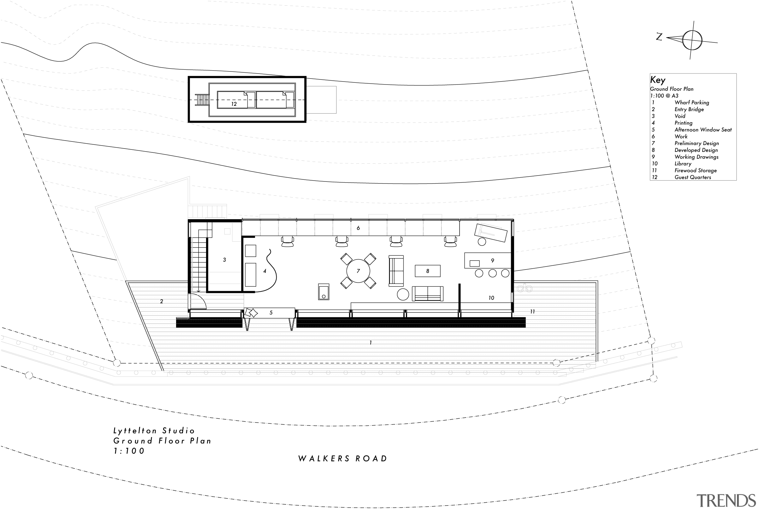 Upper level of studio on Port Hills above angle, area, black and white, design, diagram, font, line, paper, plan, product, product design, text, white