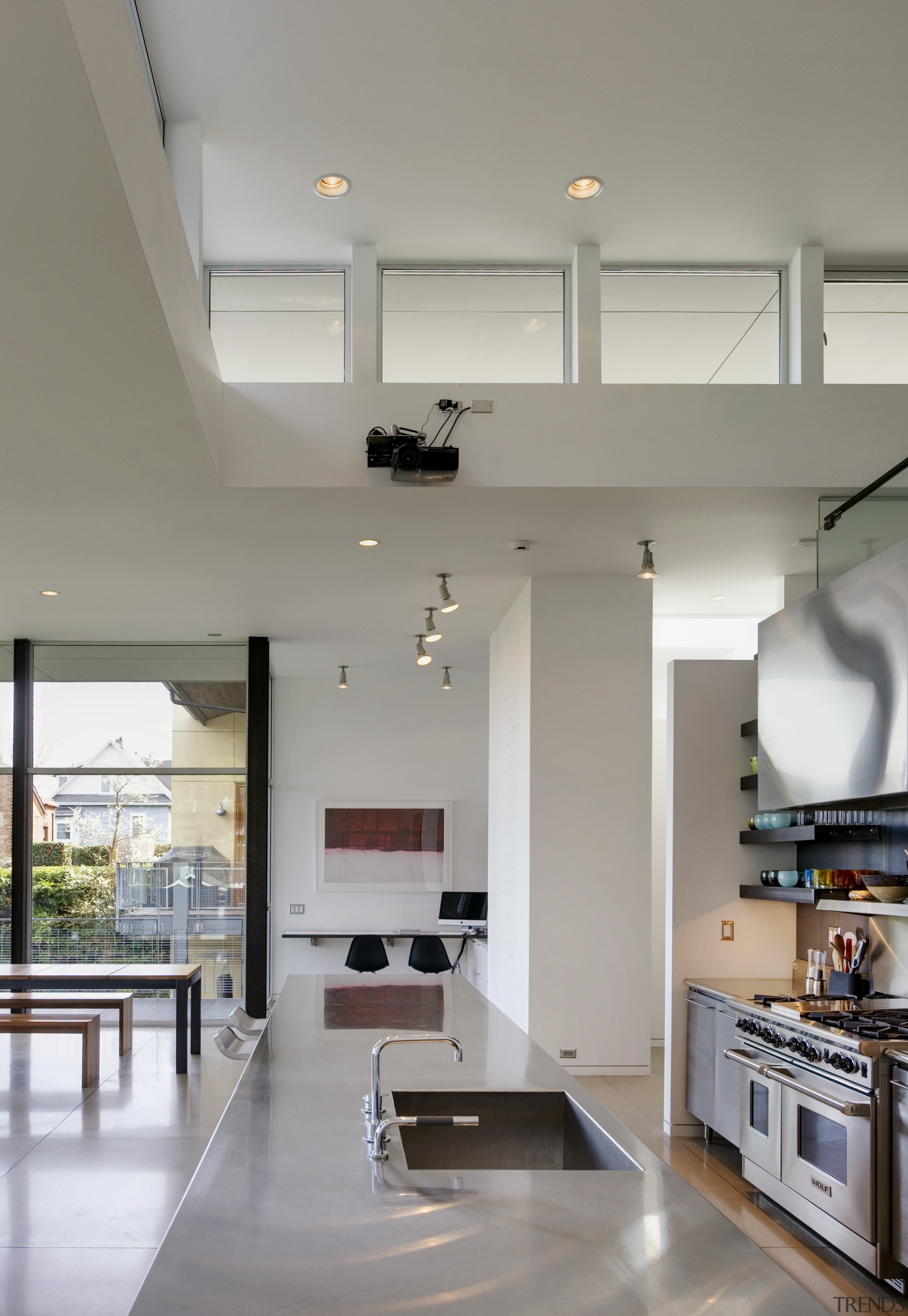 View of kitchen area. - View of kitchen architecture, ceiling, daylighting, floor, house, interior design, kitchen, living room, gray