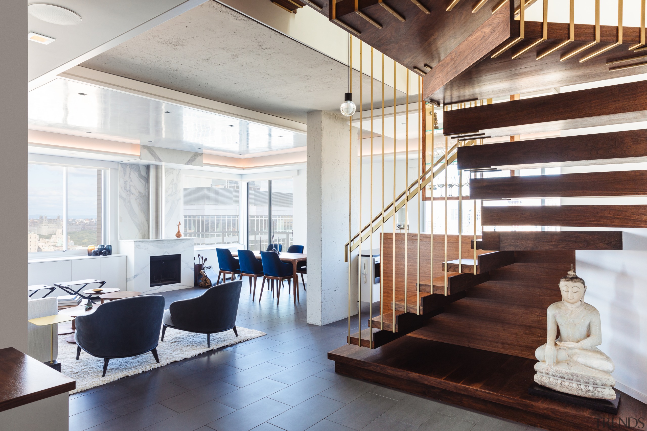 ​​​​​​​In the transformation of this Manhattan penthouse, the architecture, penthouse, home, design, floor, flooring, furniture, interior design, living room, stairs, wall, white, Andrew wilkinson