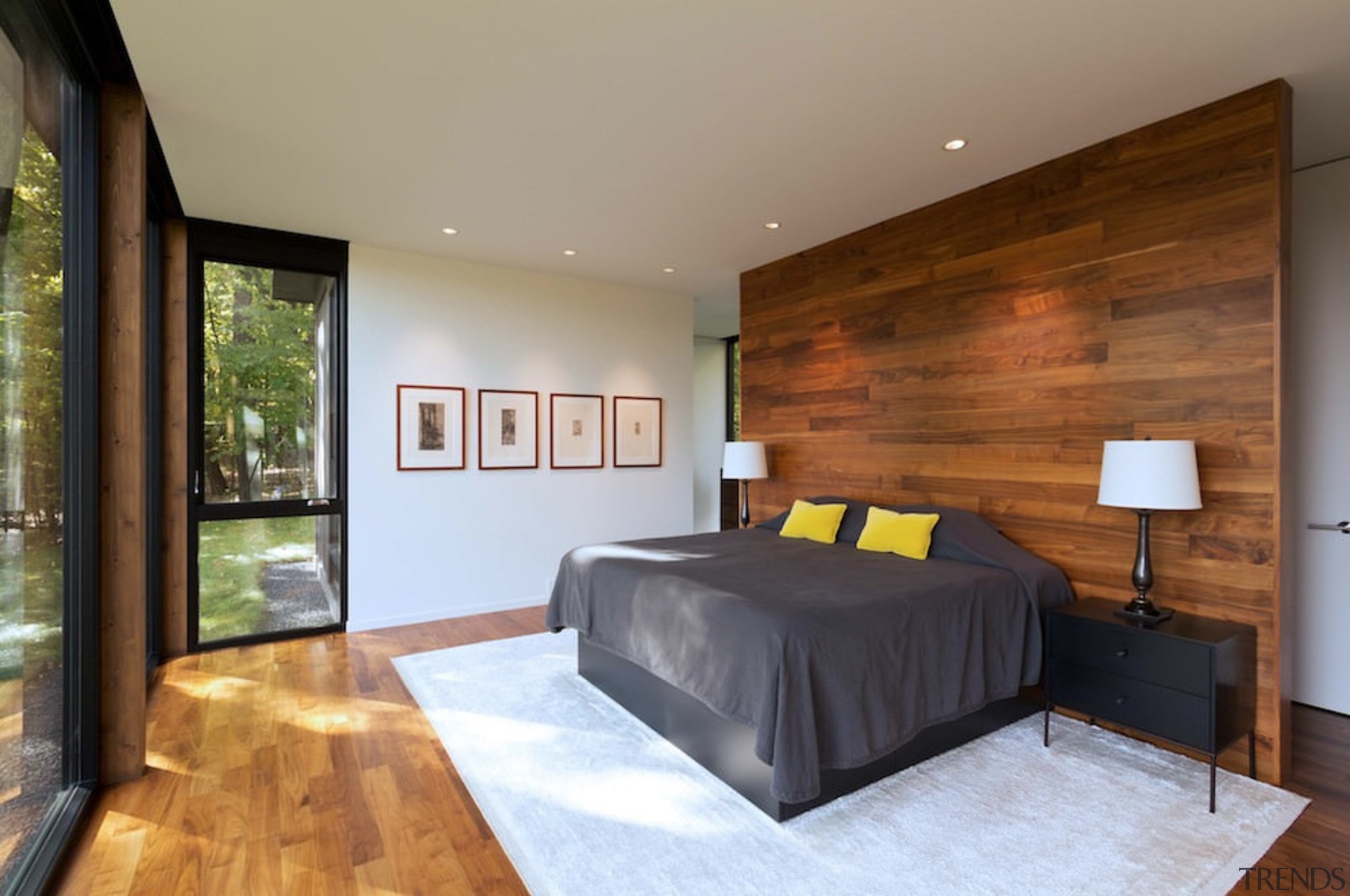 The use of wood in the bedroom – architecture, bed frame, bedroom, ceiling, estate, floor, flooring, hardwood, home, house, interior design, living room, property, real estate, room, wall, wood, wood flooring, brown, gray