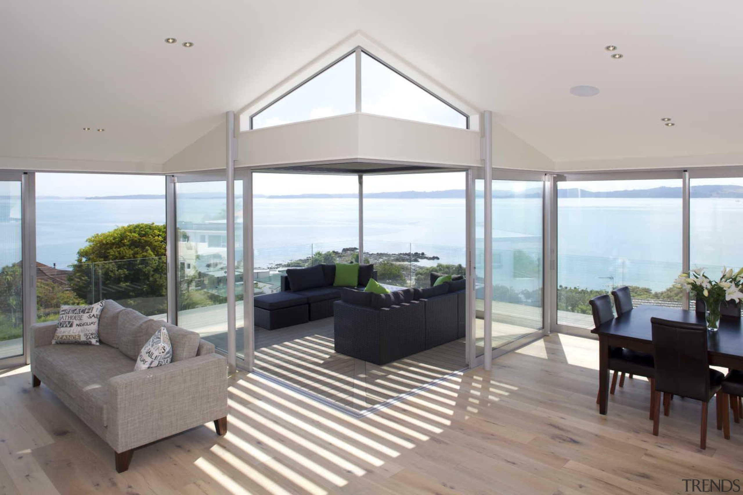 Coastal house interior by Yellowfox - Overlooking to apartment, architecture, daylighting, floor, house, interior design, living room, penthouse apartment, property, real estate, window, gray