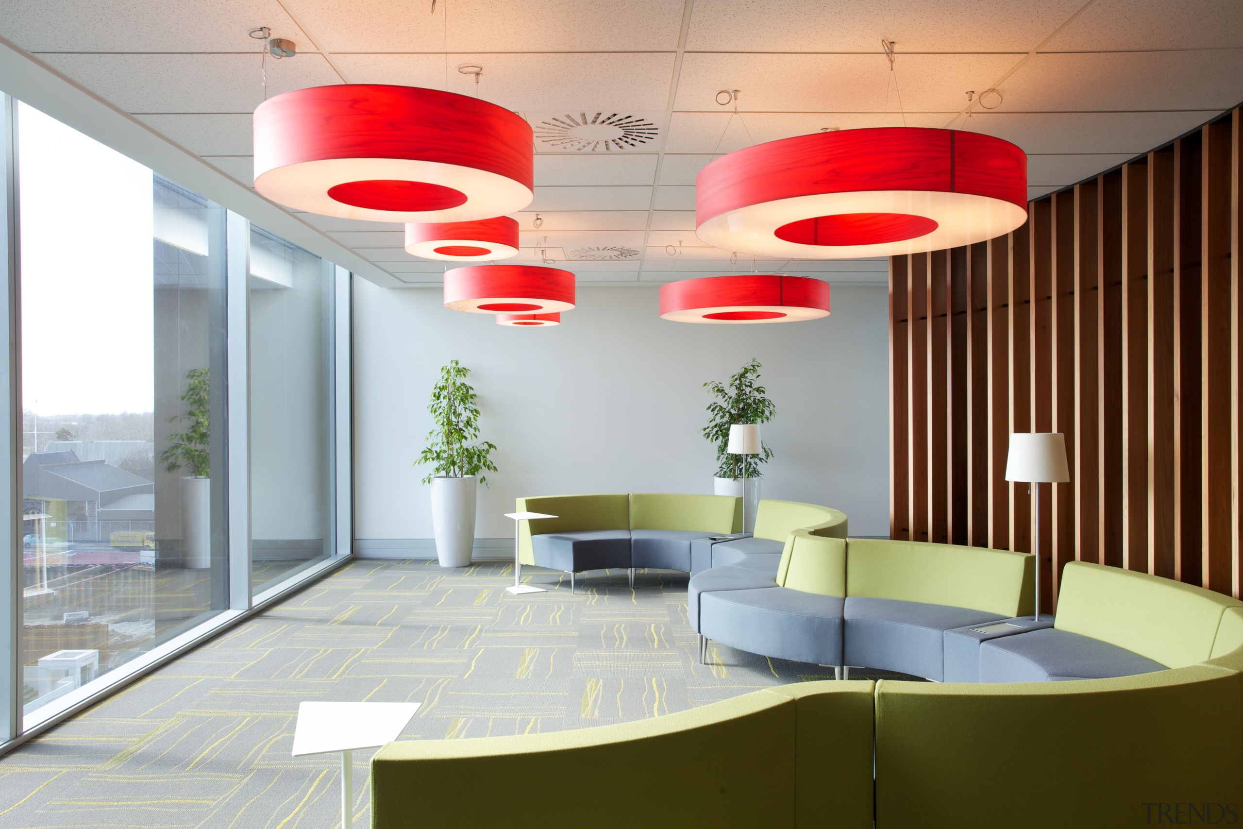 Cedar screens feature in the MSC staff breakout ceiling, conference hall, interior design, lobby, office, product design, gray