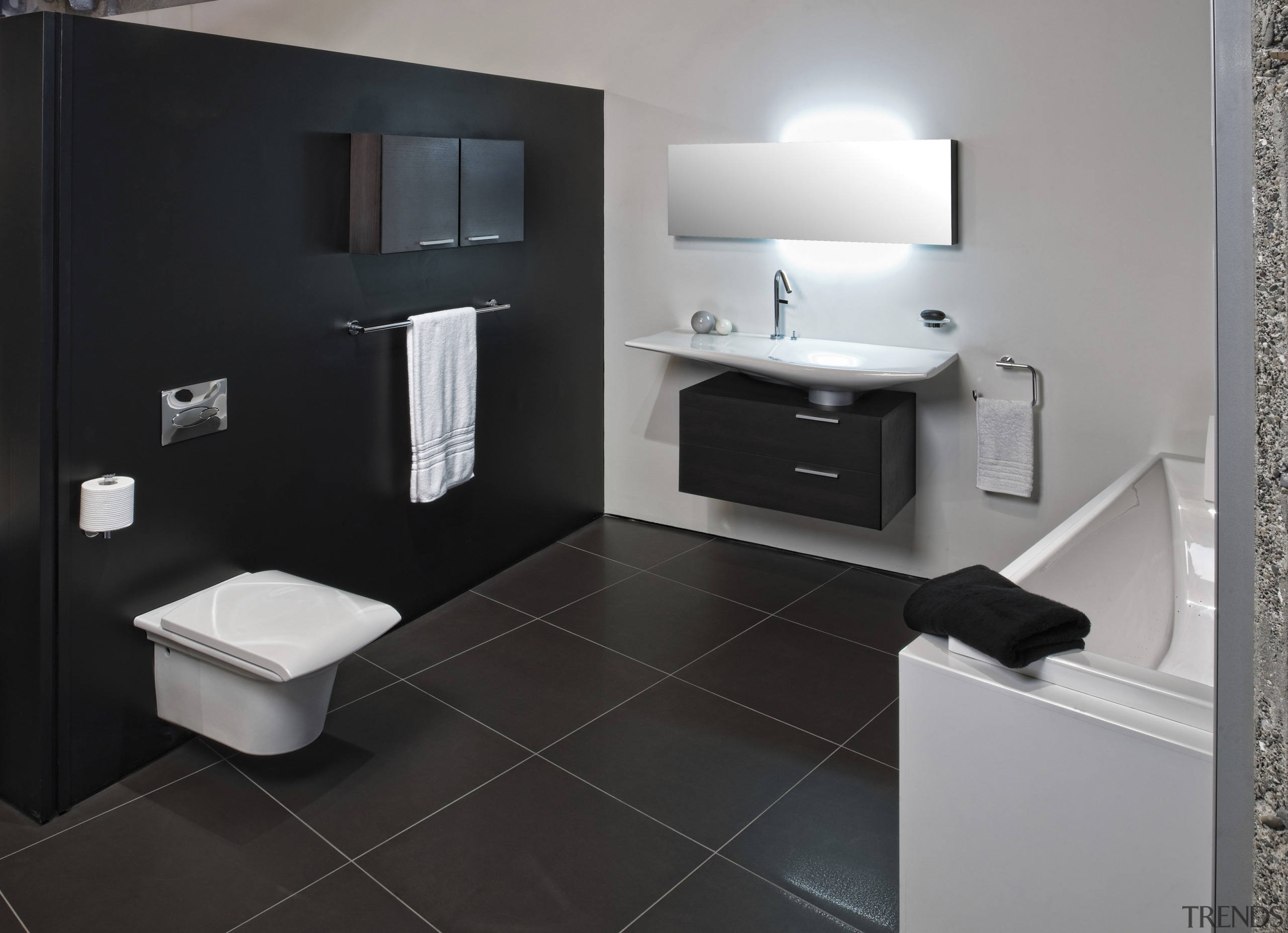 View of bathroom suites. - View of bathroom angle, bathroom, bathroom accessory, bathroom cabinet, floor, flooring, interior design, plumbing fixture, product, product design, room, sink, tile, black, gray
