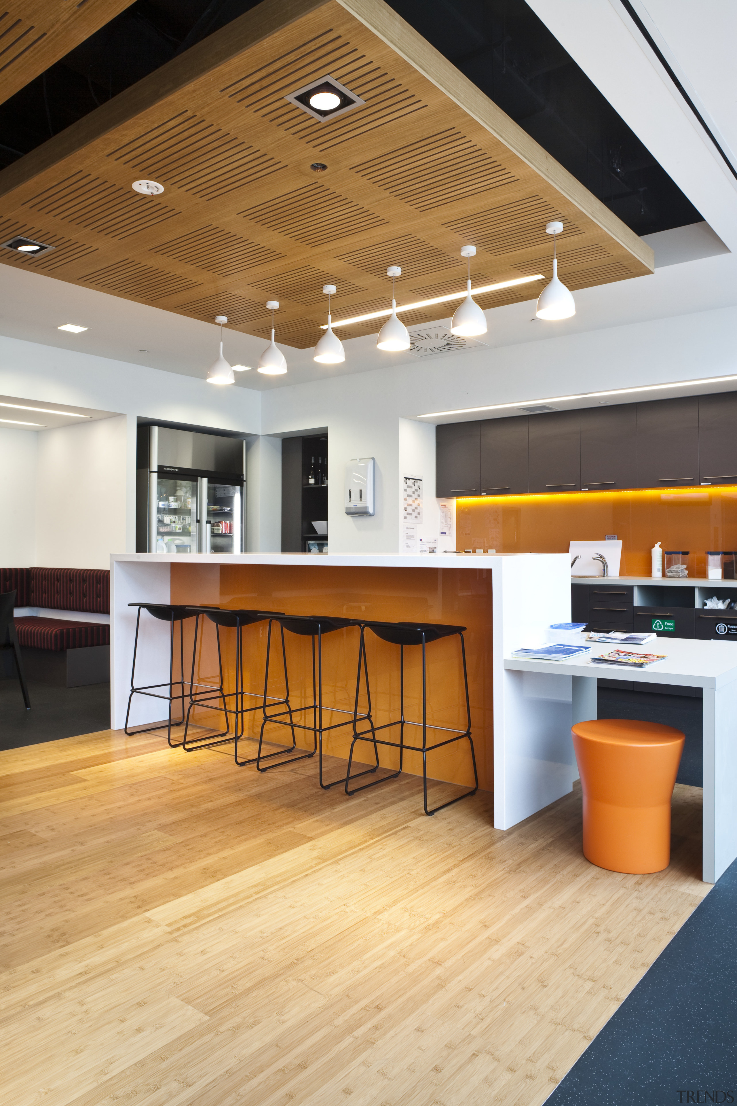 View of the staff room of the BNZ architecture, ceiling, daylighting, floor, flooring, furniture, hardwood, interior design, lobby, table, wood, wood flooring, orange