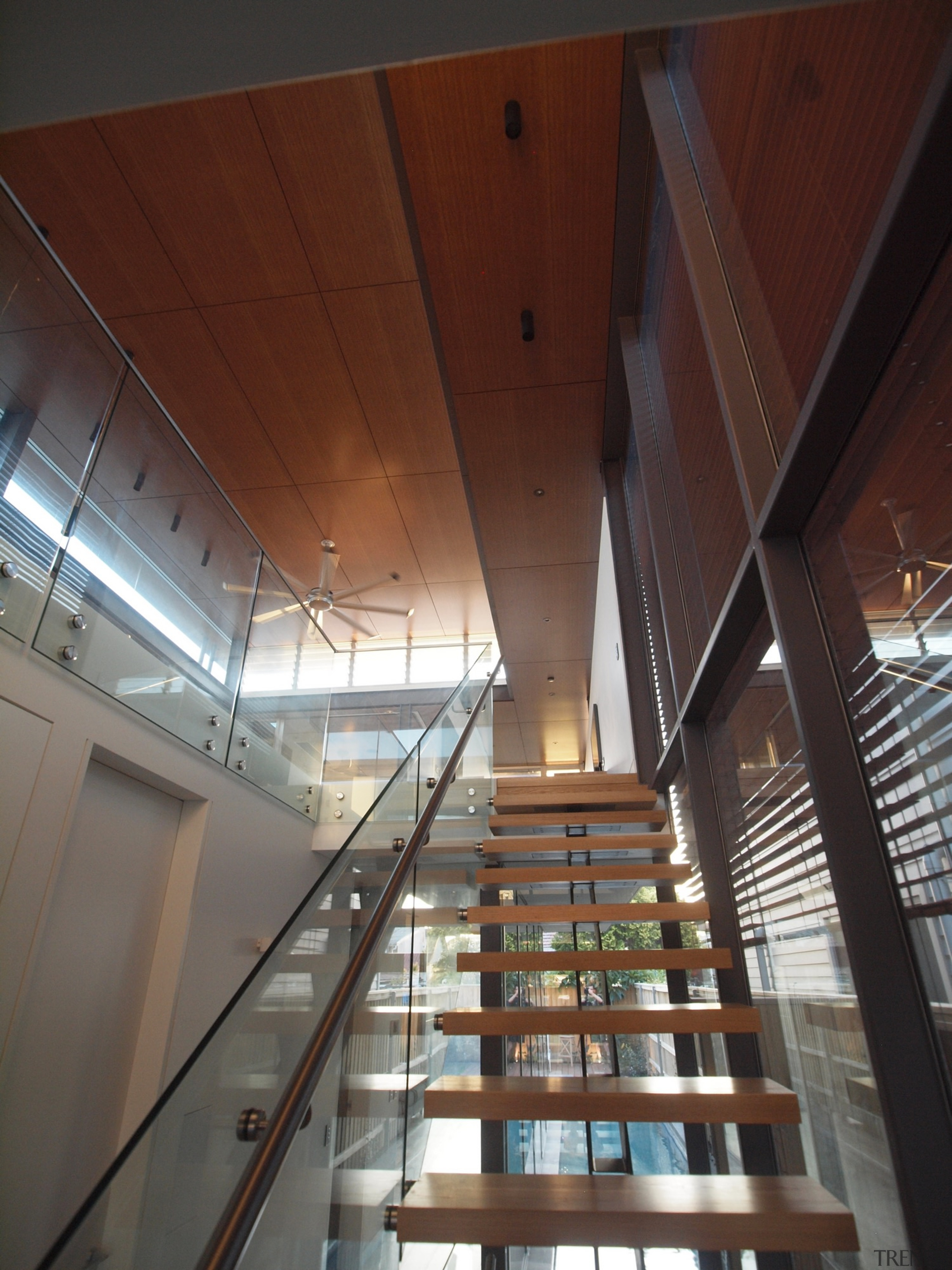 Roar Northcurlcurl House 34S - architecture | beam architecture, beam, building, ceiling, daylighting, glass, handrail, interior design, stairs, structure, wood, red