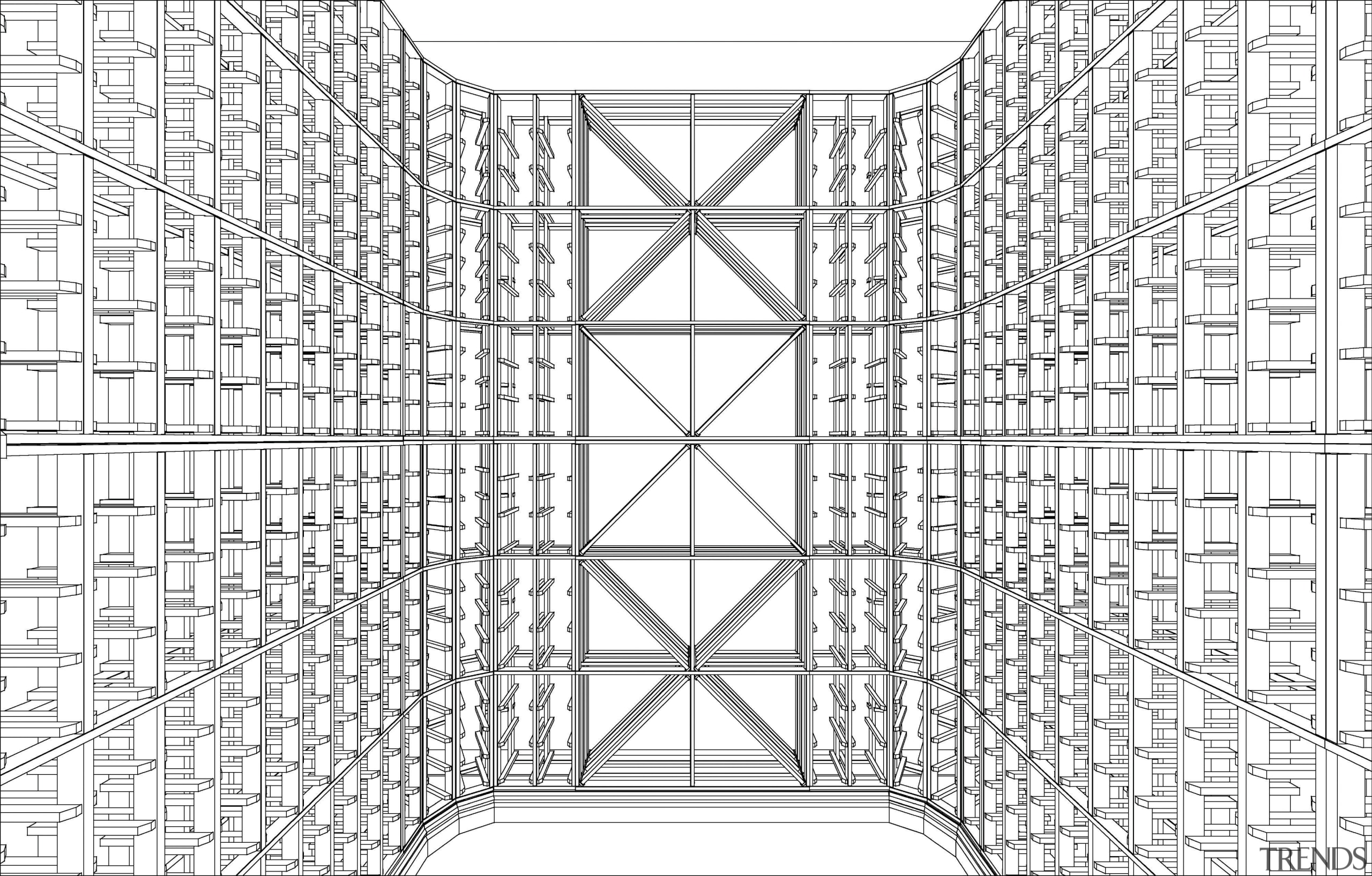 A view of a wine cellar by Baywick's angle, architecture, area, black and white, design, drawing, line, line art, monochrome, pattern, product design, structure, symmetry, white