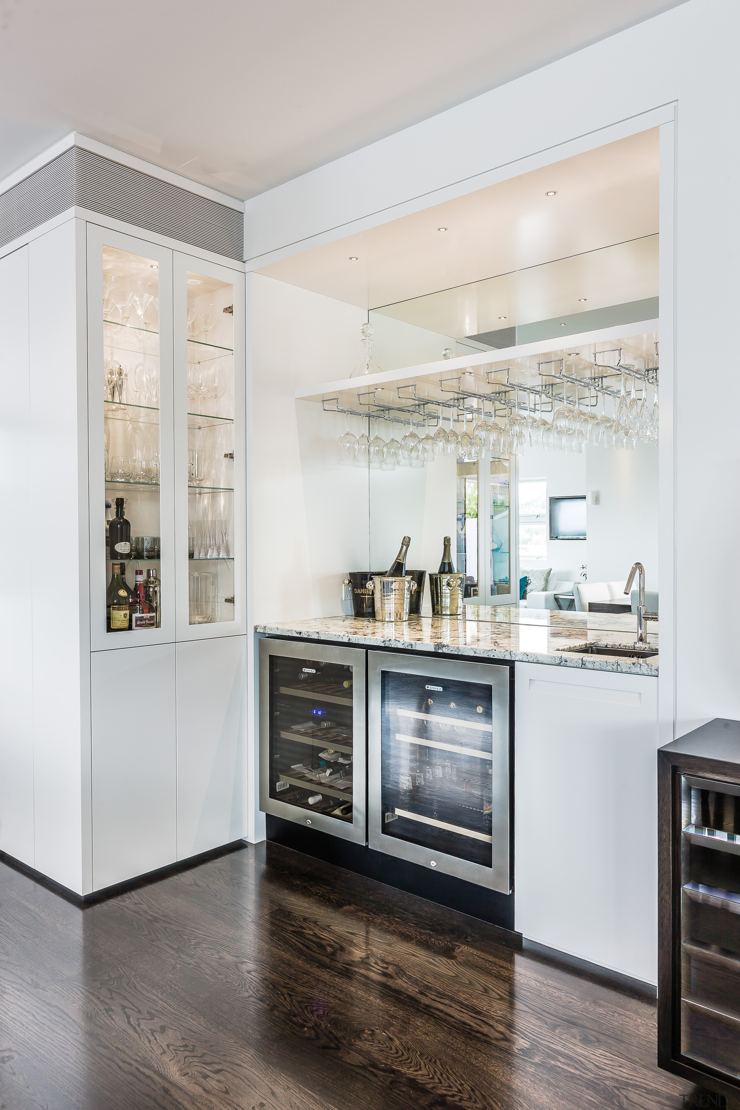 Glass display cabinets with interior lighting enliven the countertop, home appliance, interior design, kitchen, major appliance, refrigerator, white