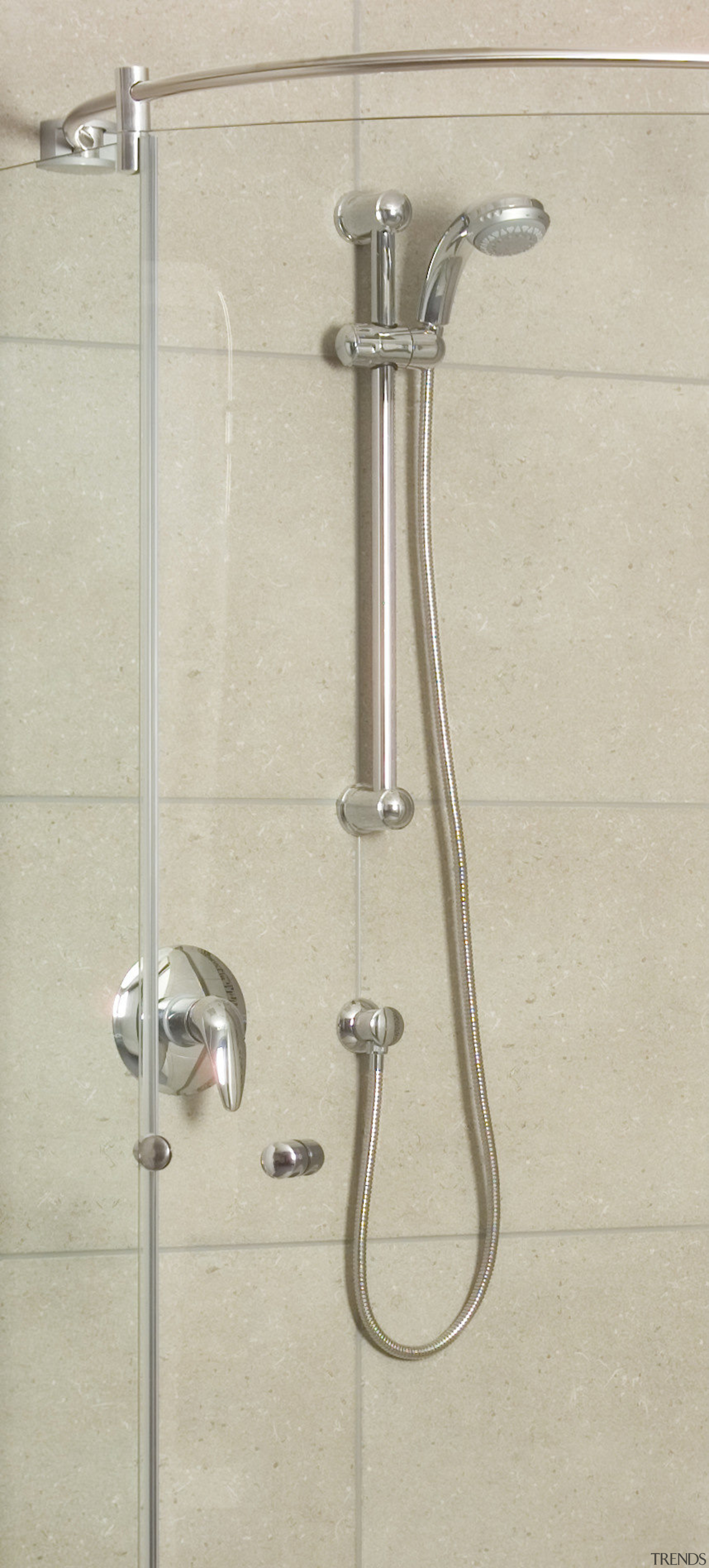 Image of the Englefield Ario curved frameless glass hardware, plumbing, plumbing fixture, product design, shower, tap, gray