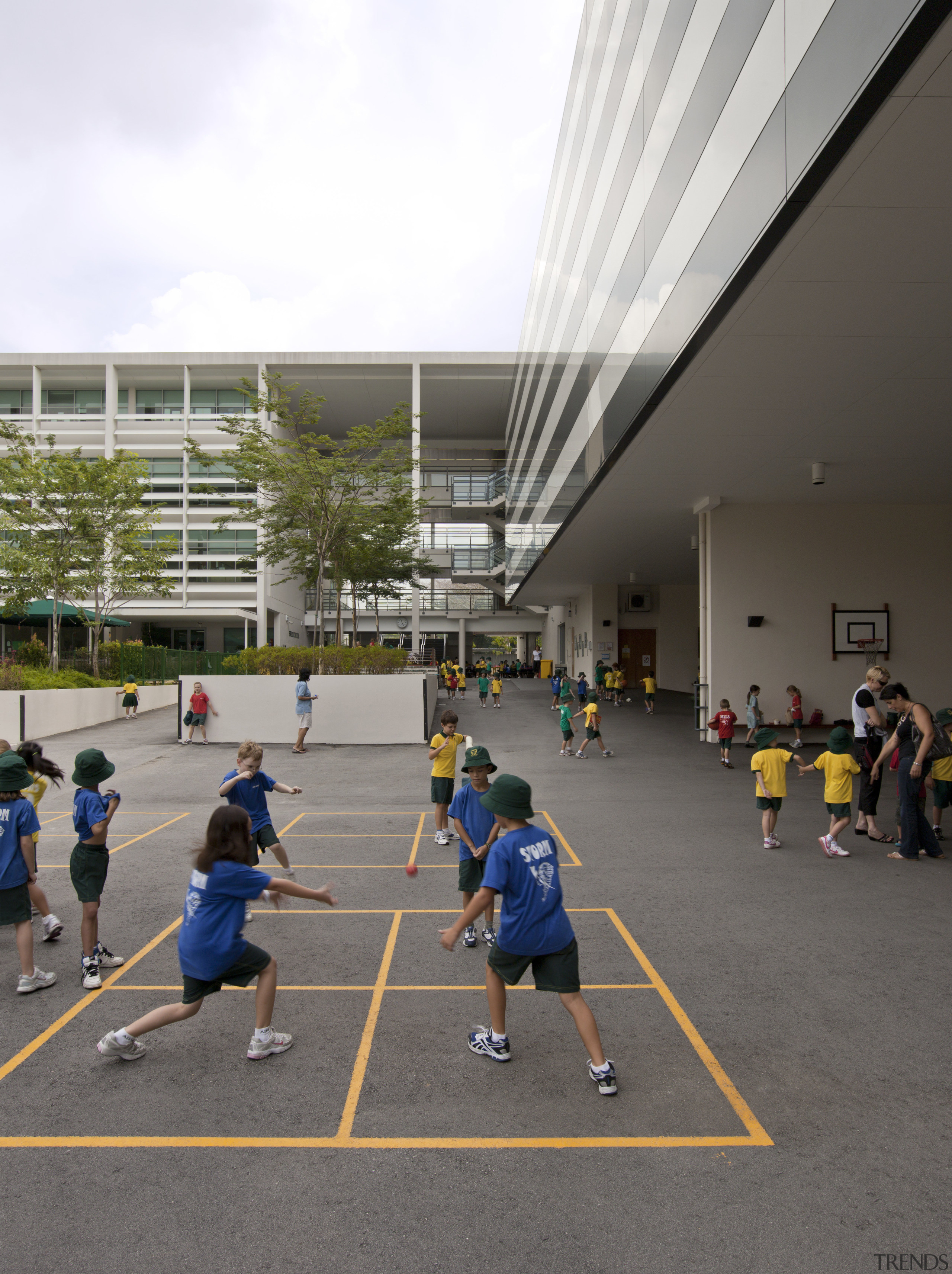 The courtyard which features gardens and shelter - ball game, competition event, leisure, public space, recreation, sport venue, sports, team sport, gray, white