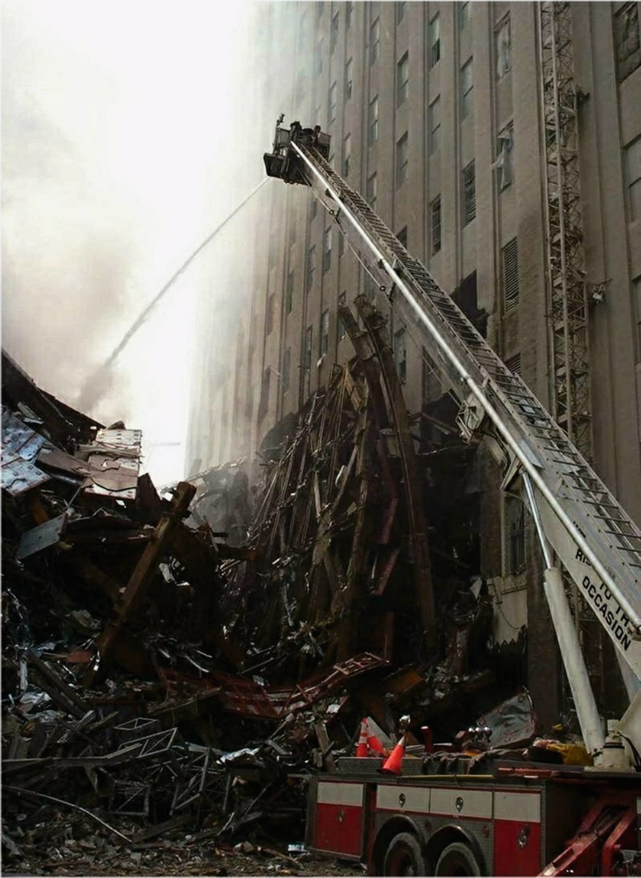 A view o the original building after the building, demolition, scrap, black