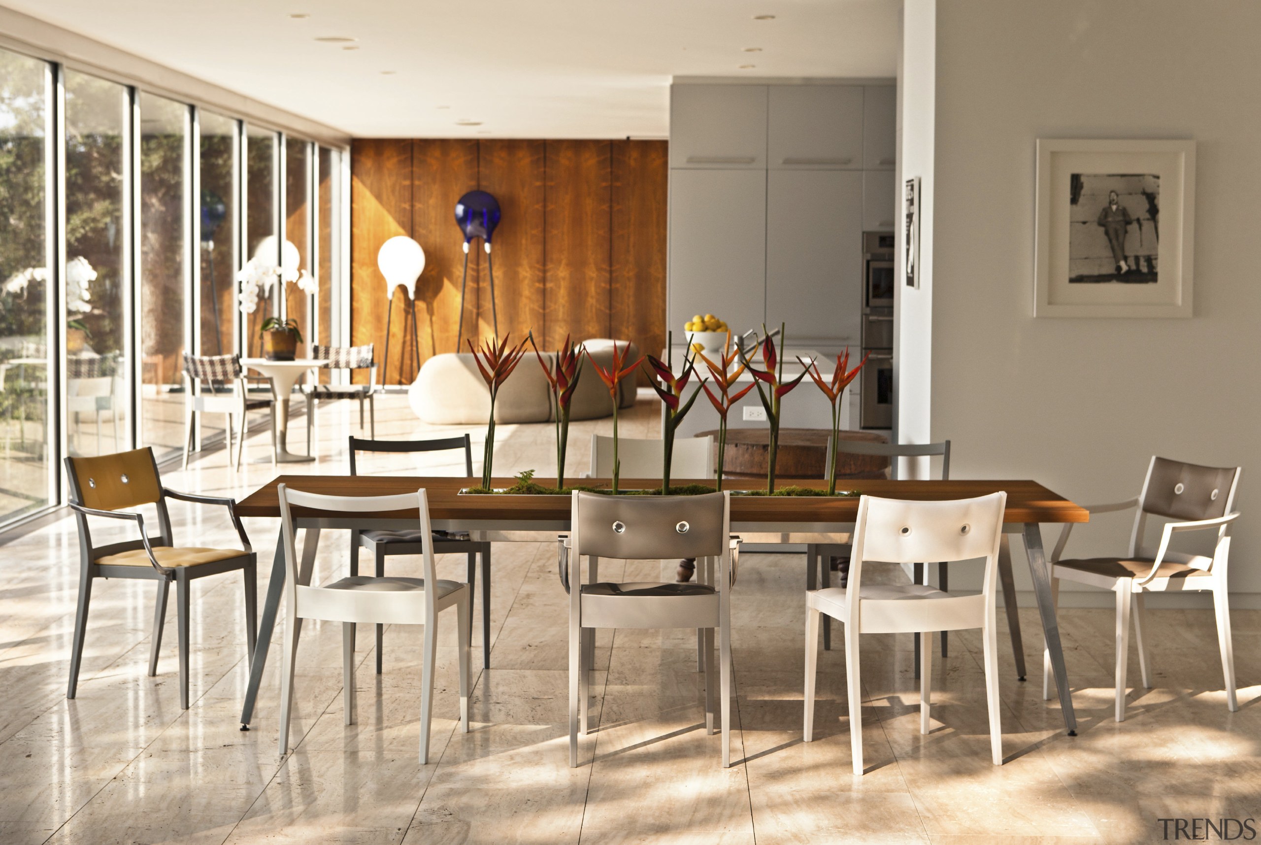 Seen here are chairs from Dedon's SeaX, Mu chair, dining room, floor, flooring, furniture, interior design, restaurant, table, brown, white