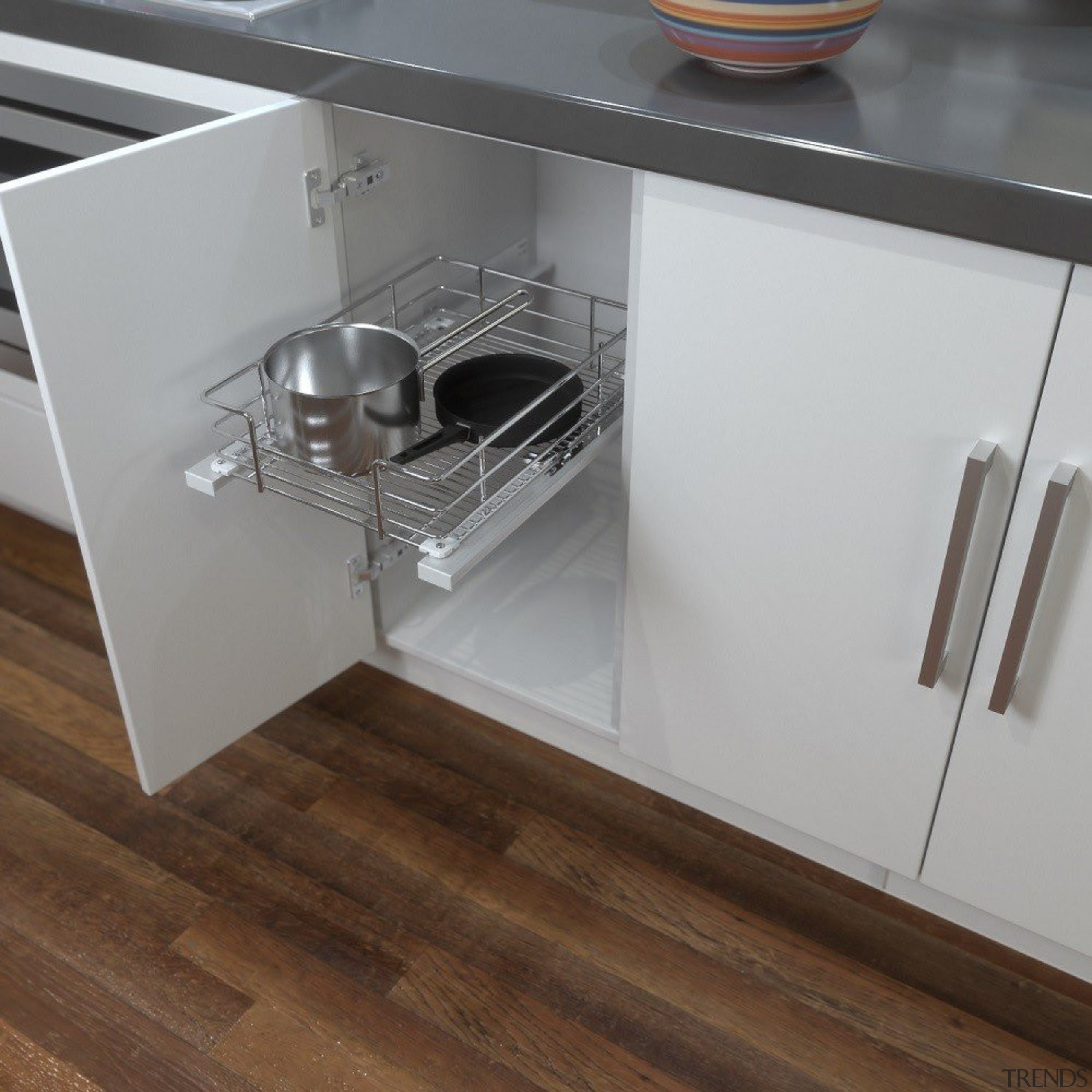 A great, practical way to keep organised in countertop, drawer, floor, furniture, kitchen, product, product design, table, gray, brown