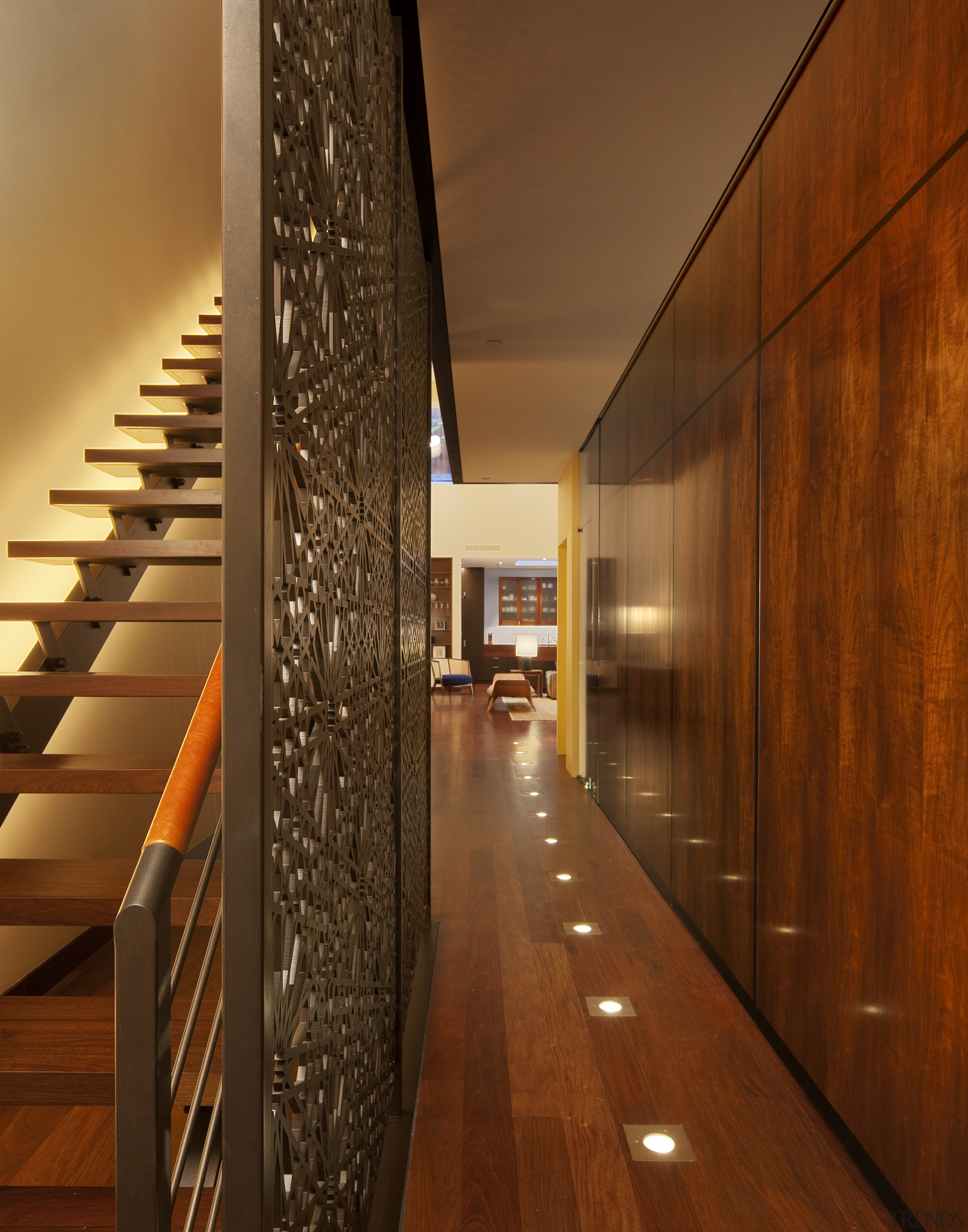 Hallway with wooden flooring and wooden walls. - architecture, ceiling, flooring, interior design, lobby, wall, wood, brown