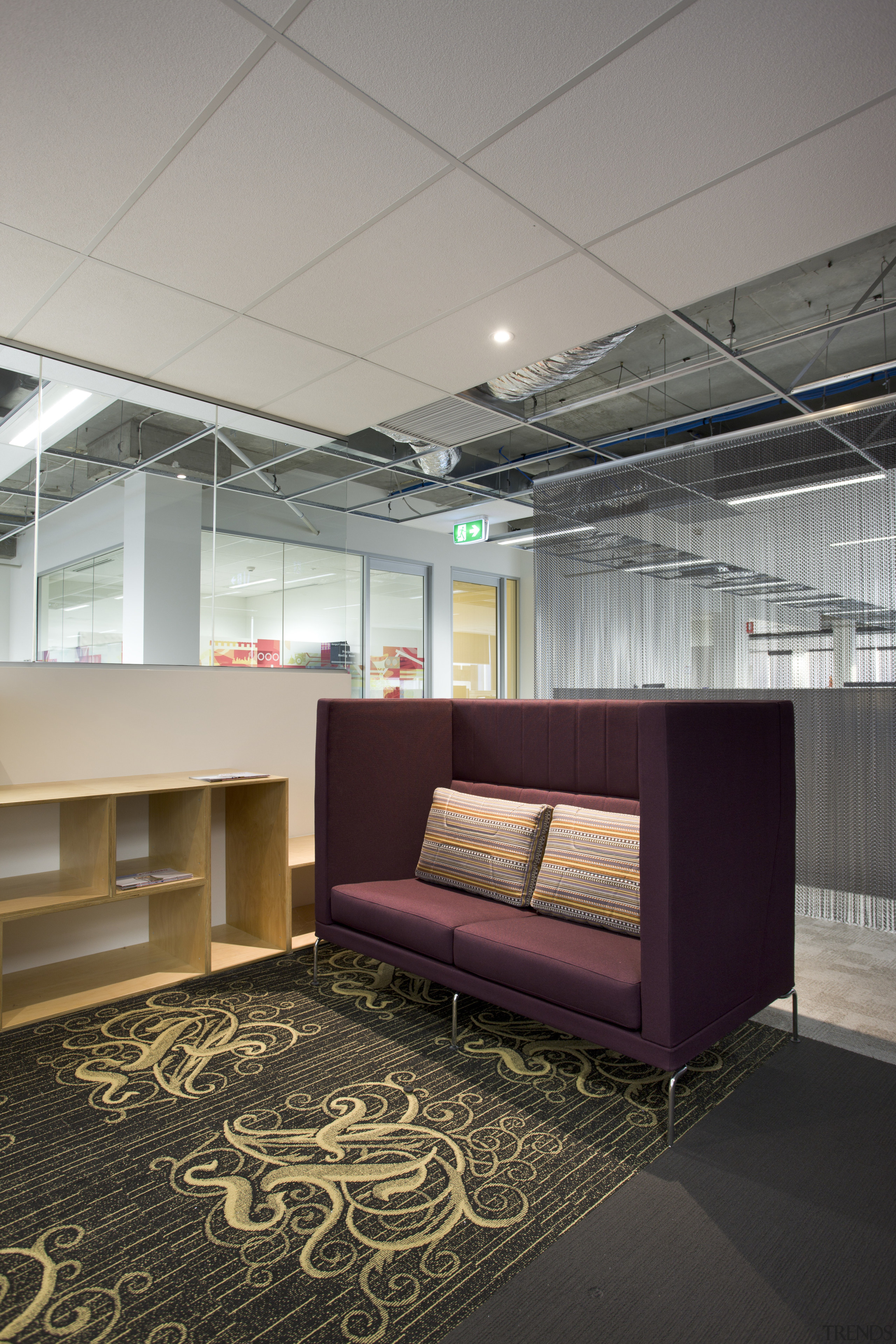 View of seating area with purple couch and architecture, ceiling, daylighting, floor, flooring, interior design, lobby, gray