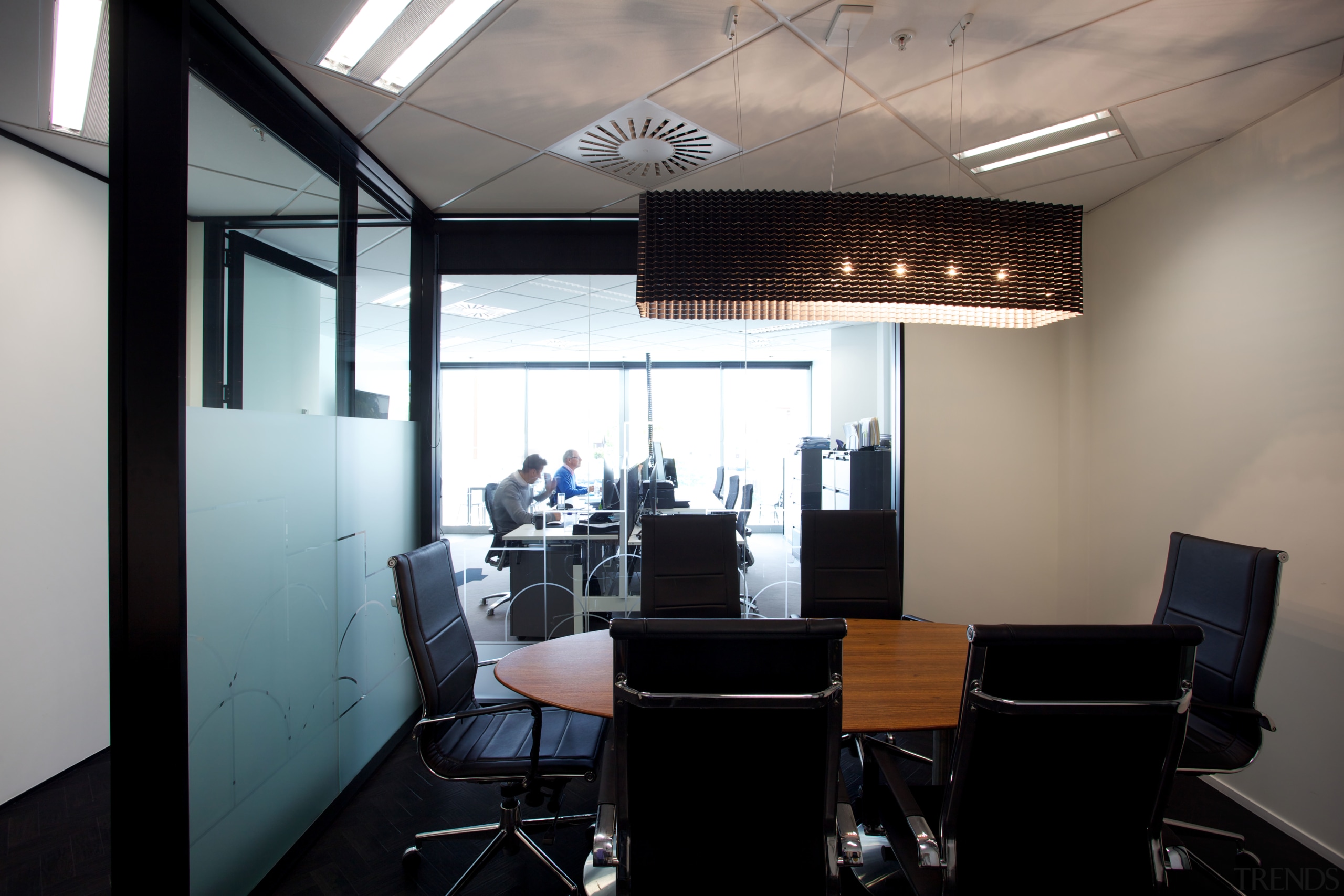 Office interiors in the new building at 76-78 ceiling, interior design, office, gray, black