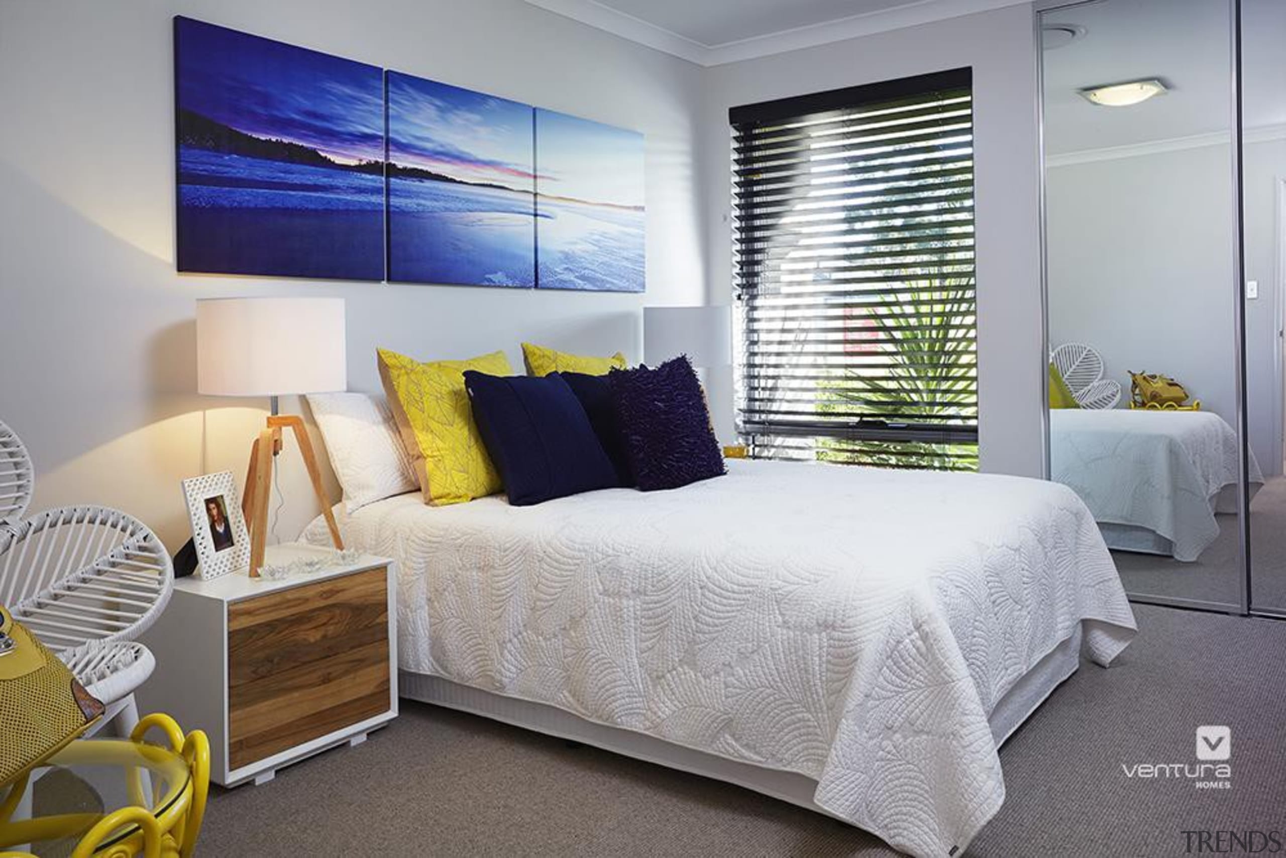 Bedroom design. - The Sanctuary Display Home - bed frame, bedroom, ceiling, home, interior design, real estate, room, wall, gray