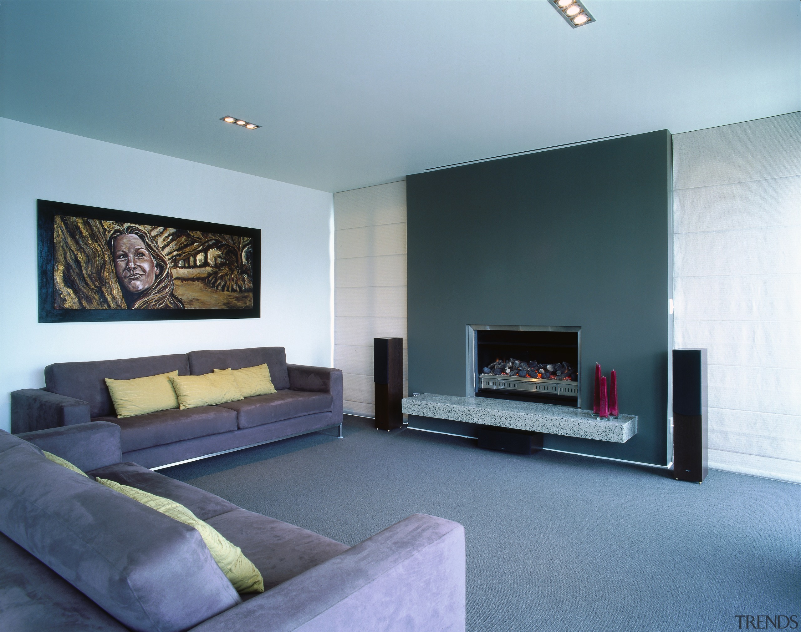 View of the living area - View of ceiling, fireplace, floor, hearth, home, interior design, living room, property, real estate, room, wall, gray