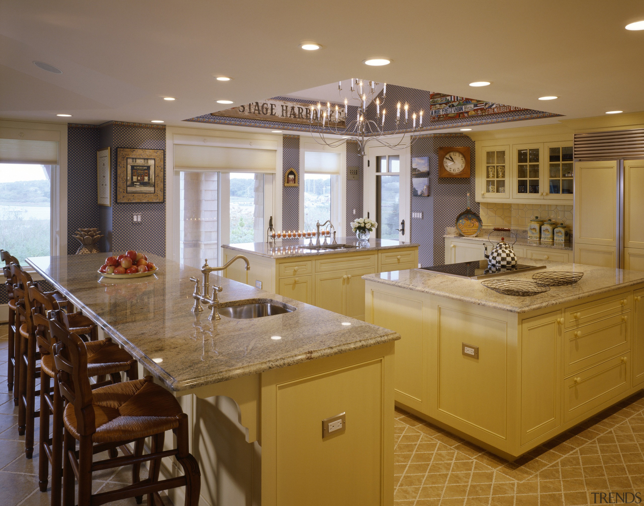 View of kitchen area which features a chandelier cabinetry, countertop, cuisine classique, estate, interior design, kitchen, real estate, room, brown