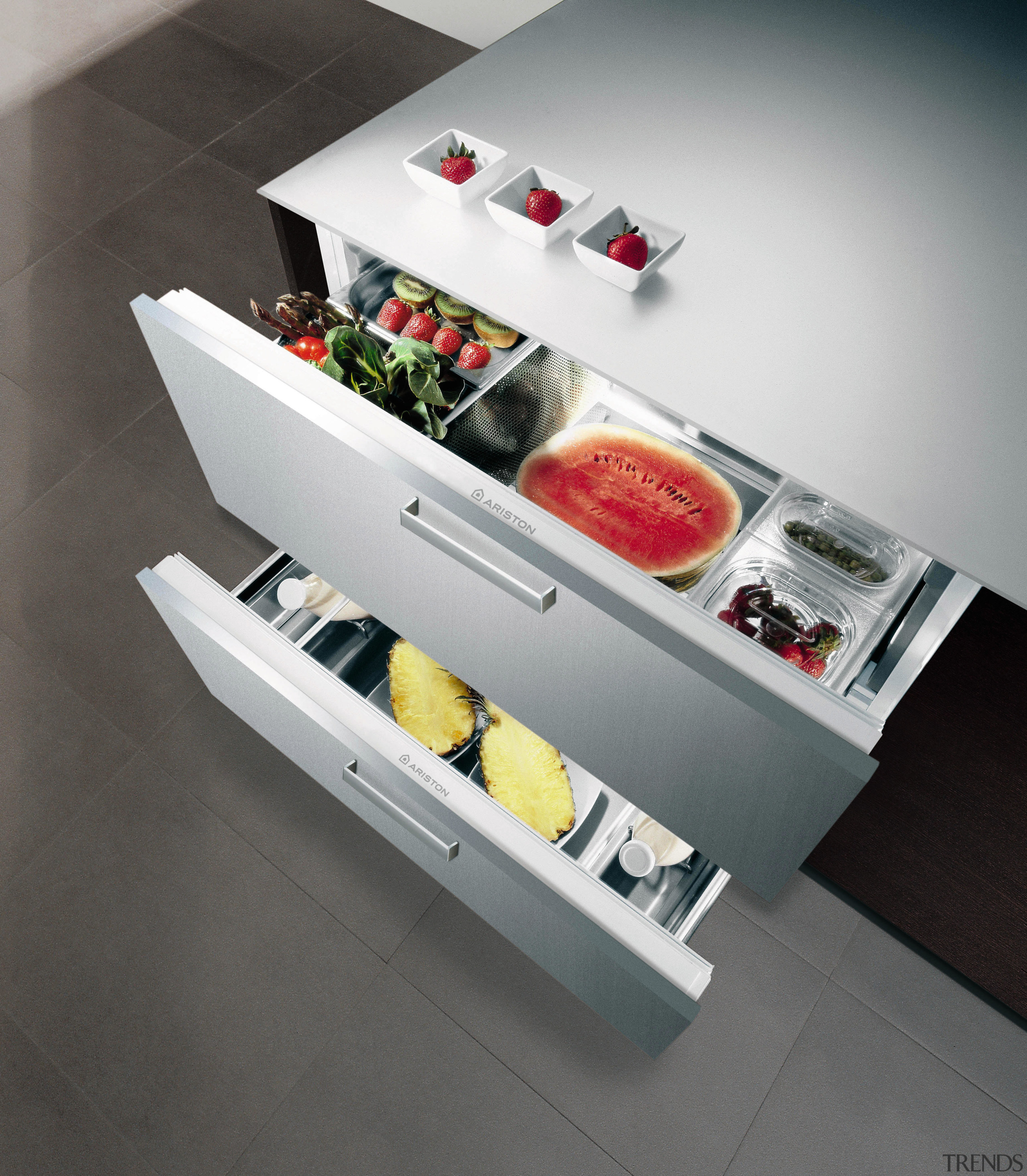 Birds eye view of the steel refrigerator draws, furniture, product, product design, shelf, table, gray