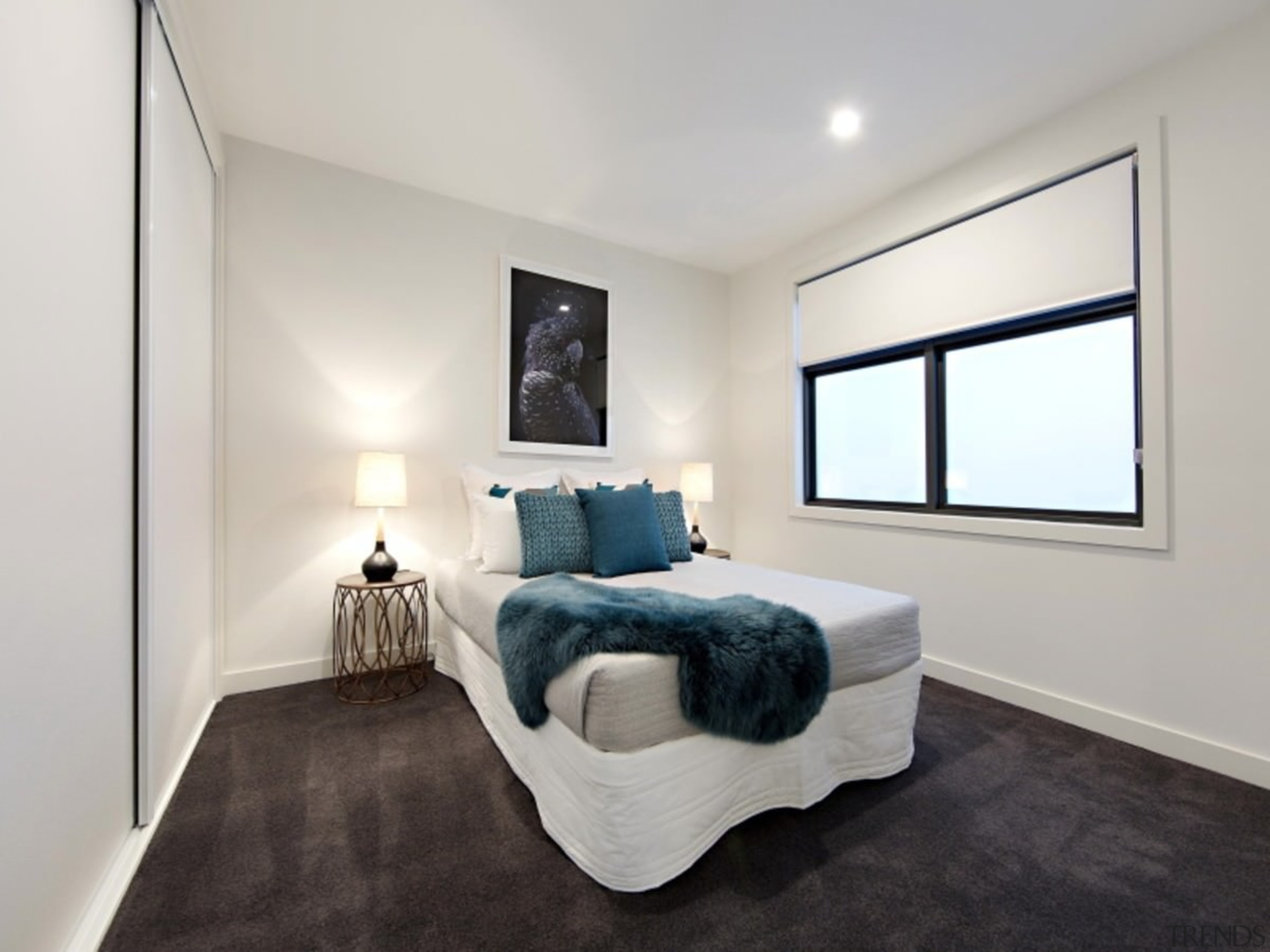 Dark carpet draws the eye down, contrasting with bed frame, bedroom, ceiling, estate, floor, home, interior design, property, real estate, room, window, gray