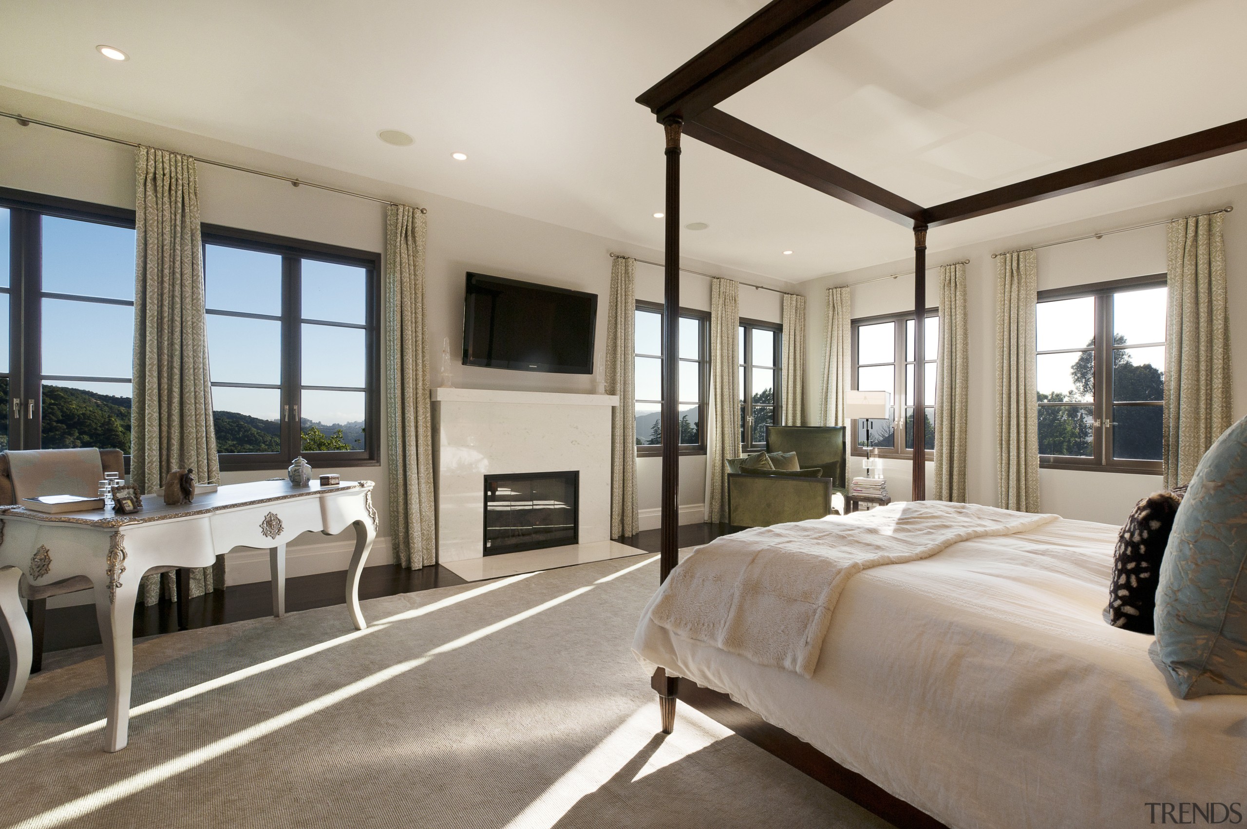 View of bedroom with four-post bed and wooden ceiling, estate, interior design, property, real estate, room, window, gray