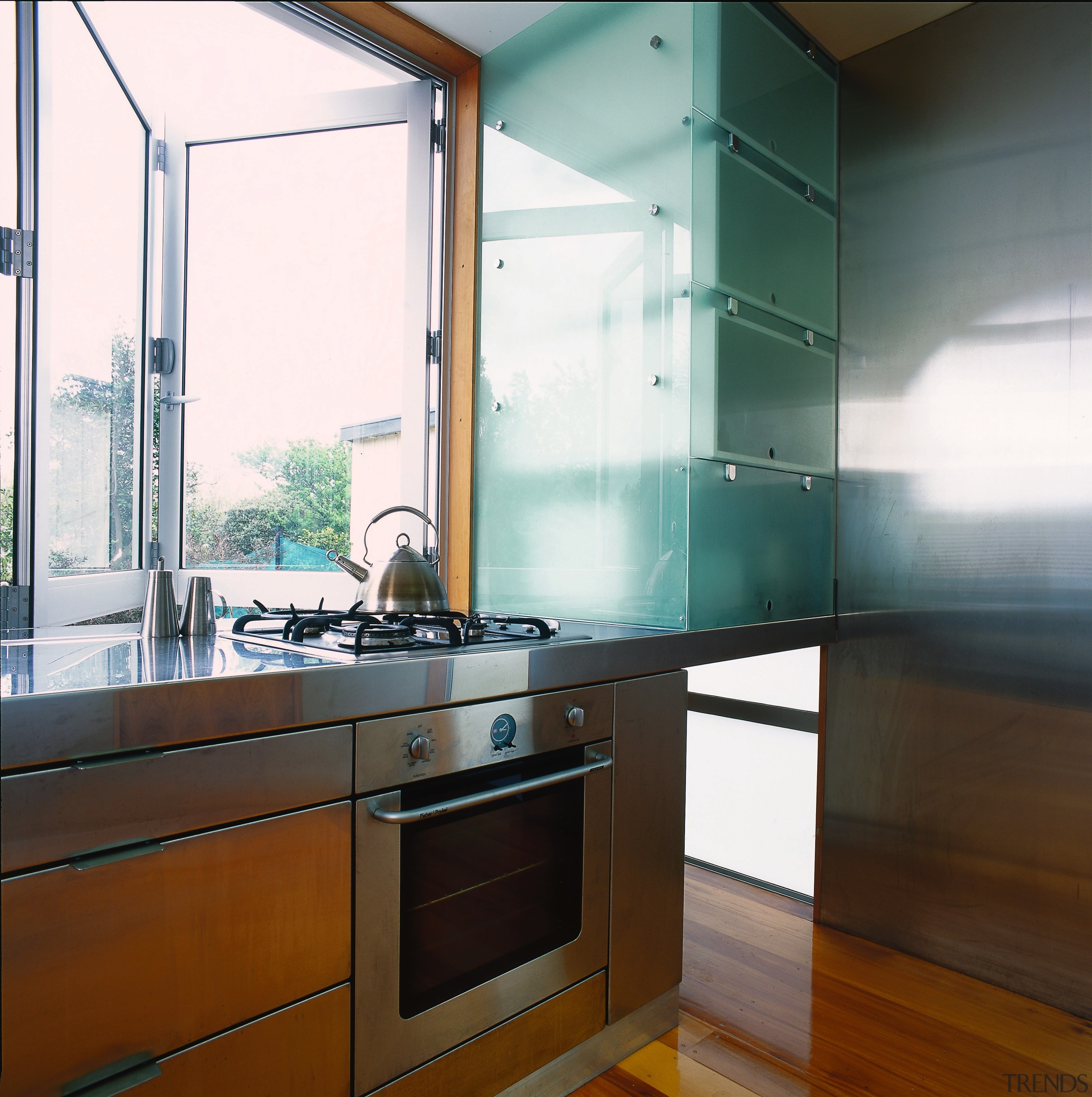 view of frosted glass appliances and stainless steel cabinetry, countertop, glass, interior design, kitchen, room, brown, white