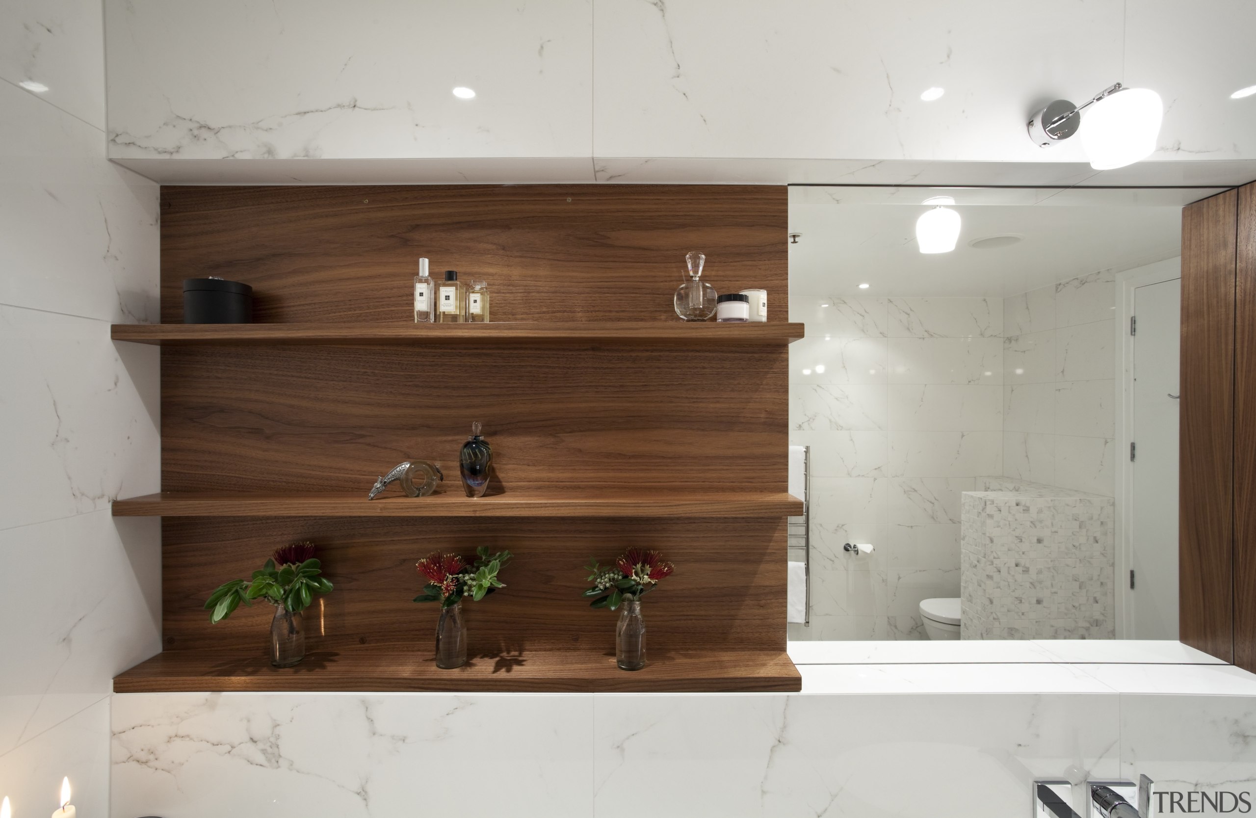 Light touch  penthouse bathroom remodel by Von cabinetry, furniture, interior design, shelf, shelving, wall, wood, gray, brown