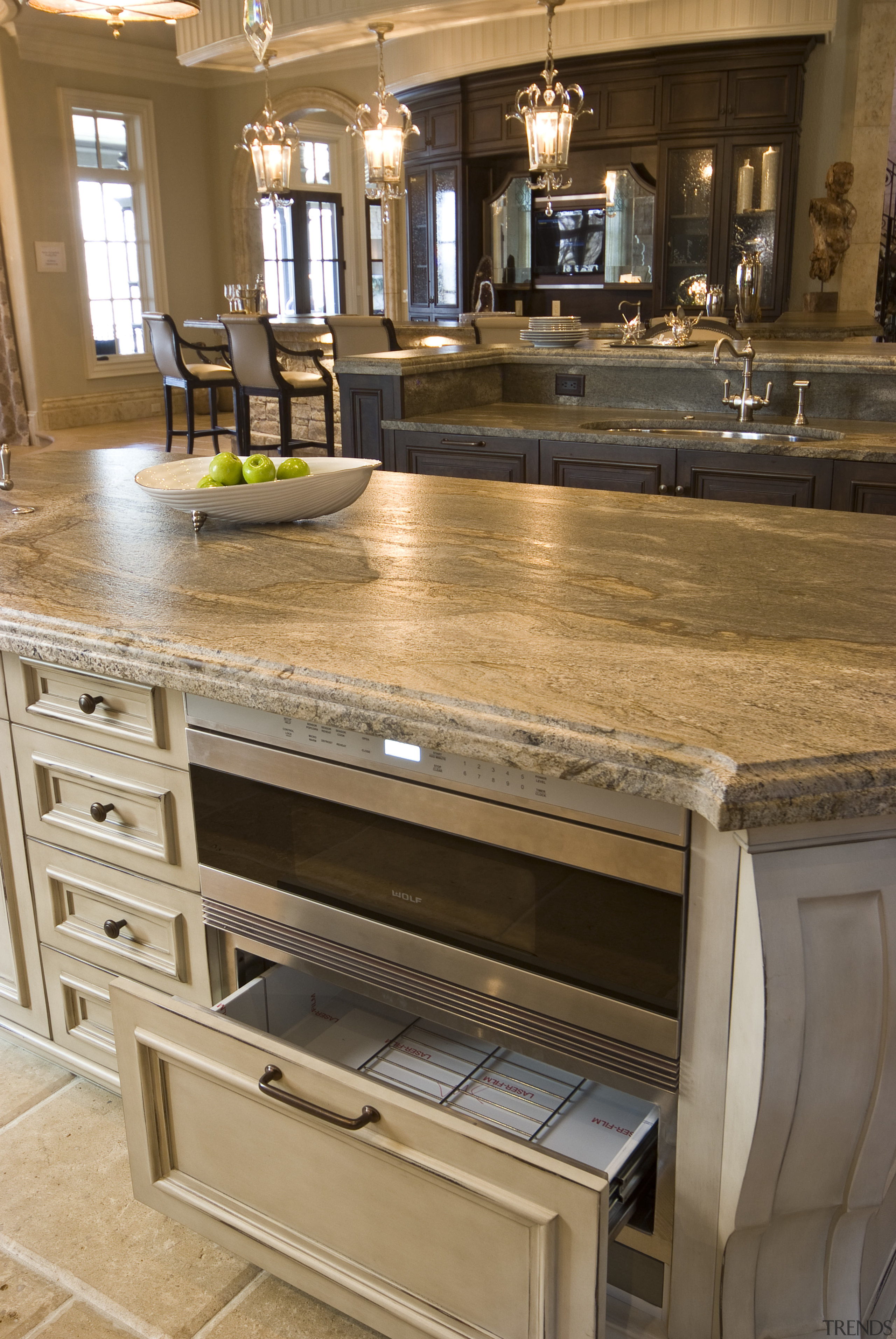 View of Wolf and Sub zero appliances - cabinetry, countertop, cuisine classique, floor, flooring, furniture, hardwood, interior design, kitchen, room, sink, table, brown