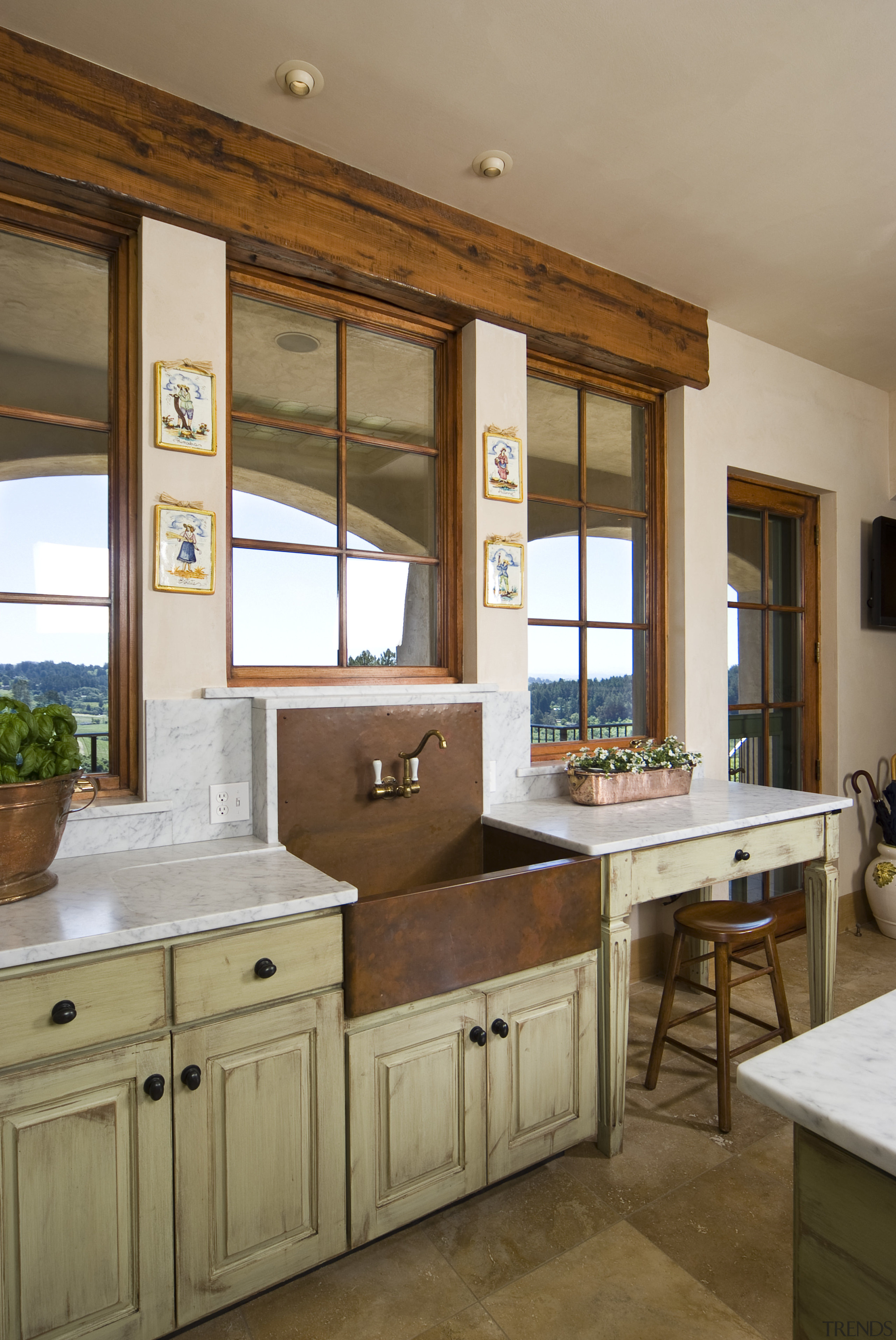 View of cleaning space. Small work bench, Architect bathroom, cabinetry, countertop, cuisine classique, home, interior design, kitchen, room, window, brown