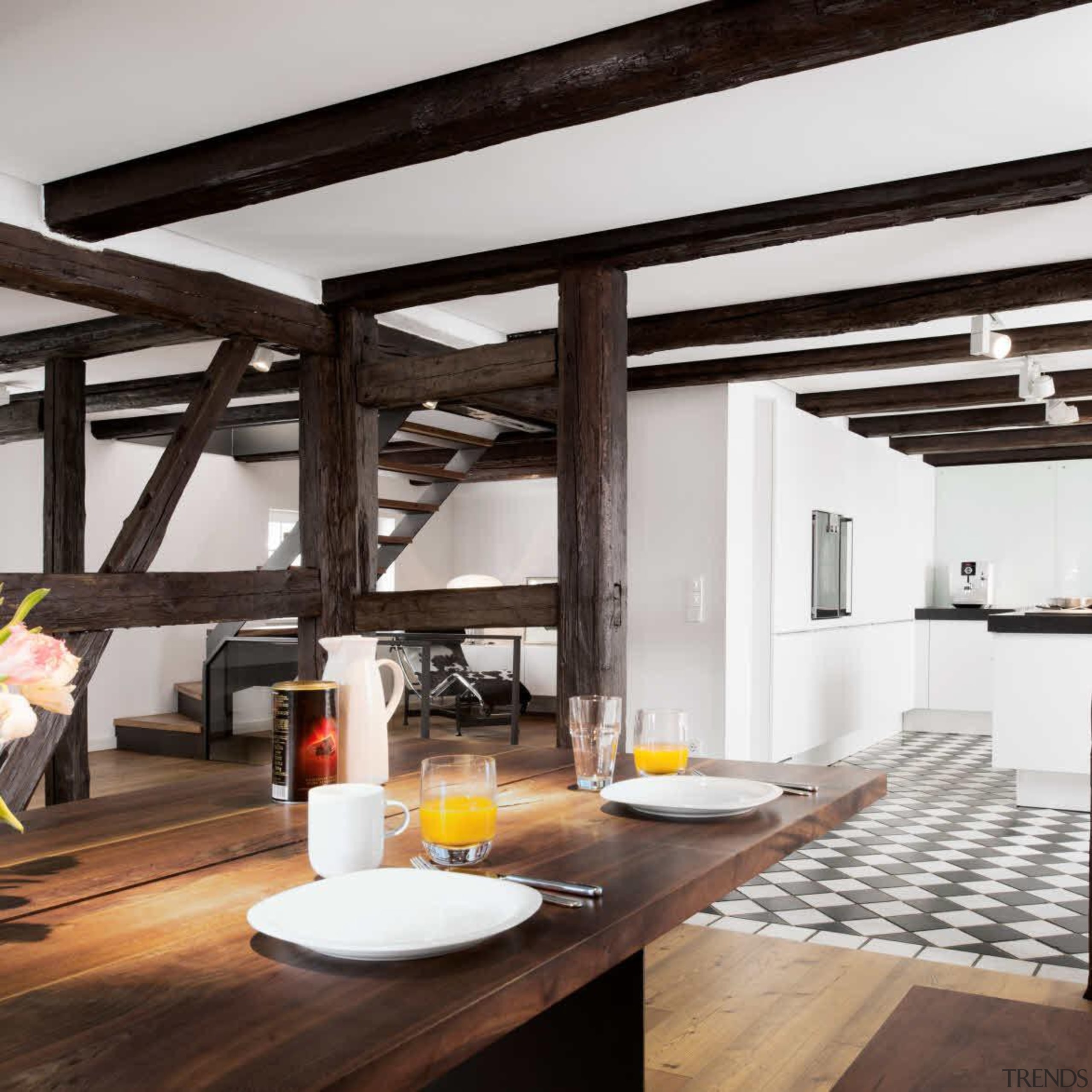 Black and White Kitchen IdeasFor more information, please beam, interior design, loft, white, black