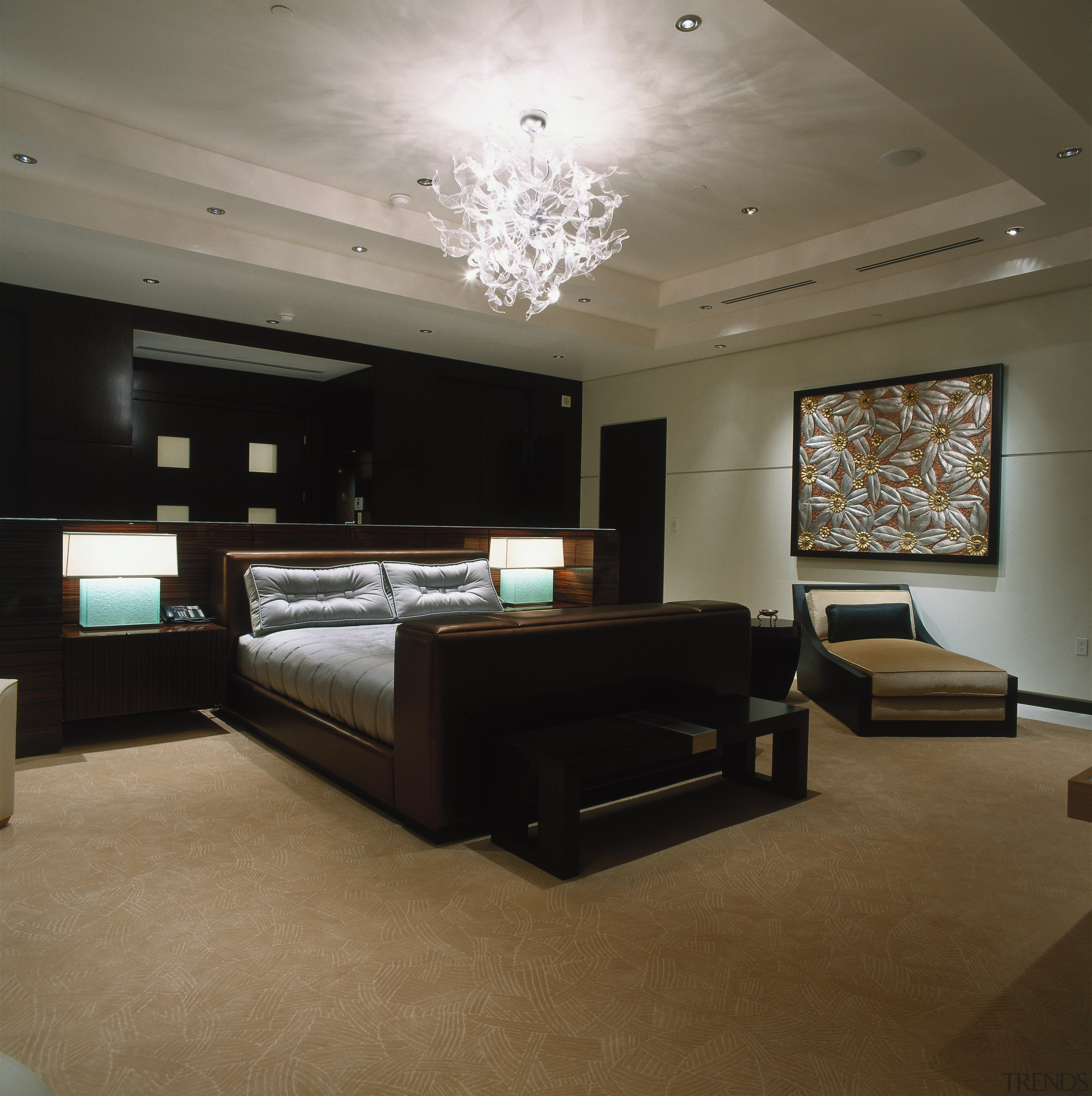 View of the master bedroom - View of ceiling, floor, flooring, furniture, interior design, lighting, living room, lobby, room, table, wall, wood flooring, brown, gray