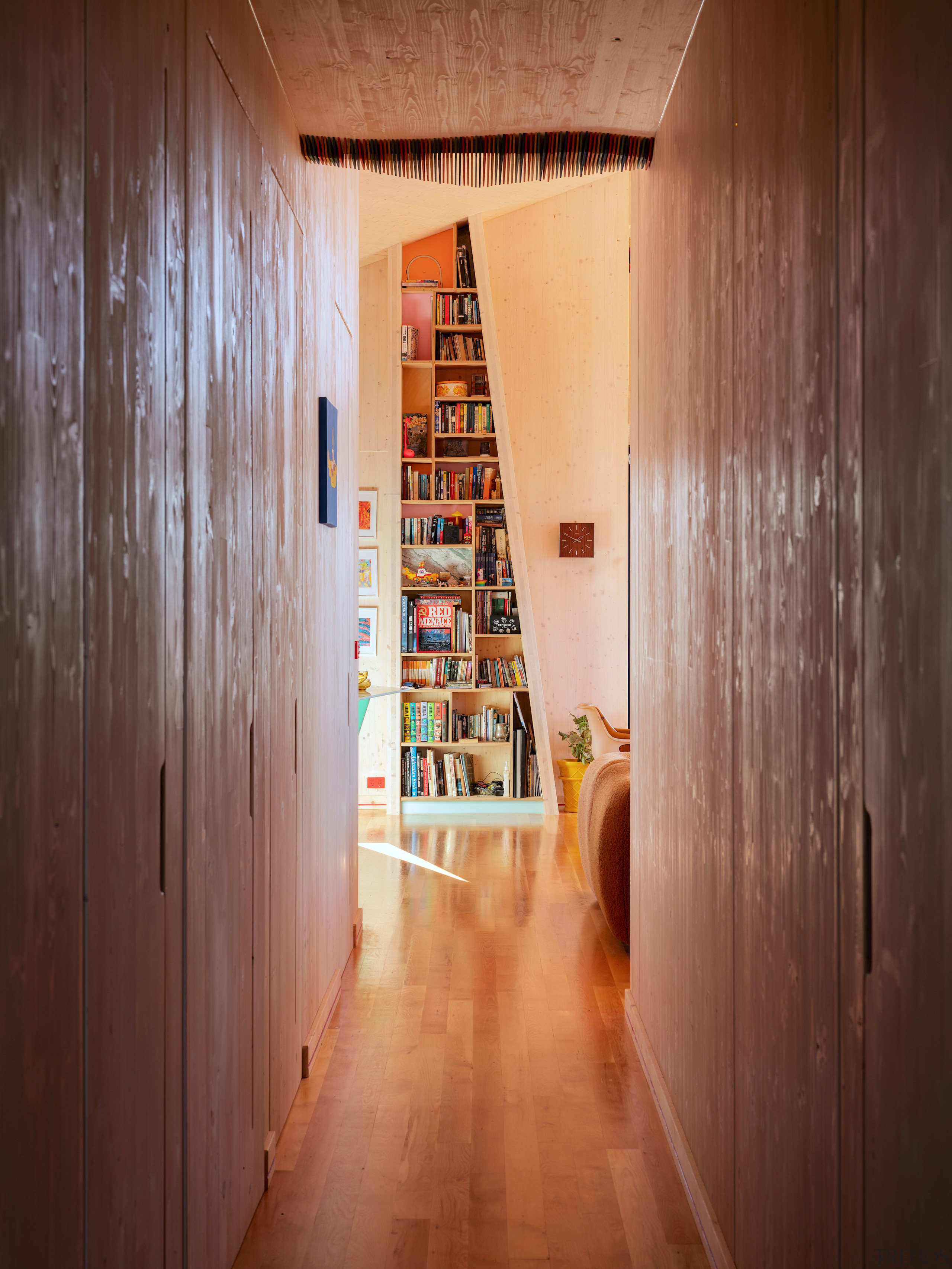 A rakish bookcase catches the eye at the 