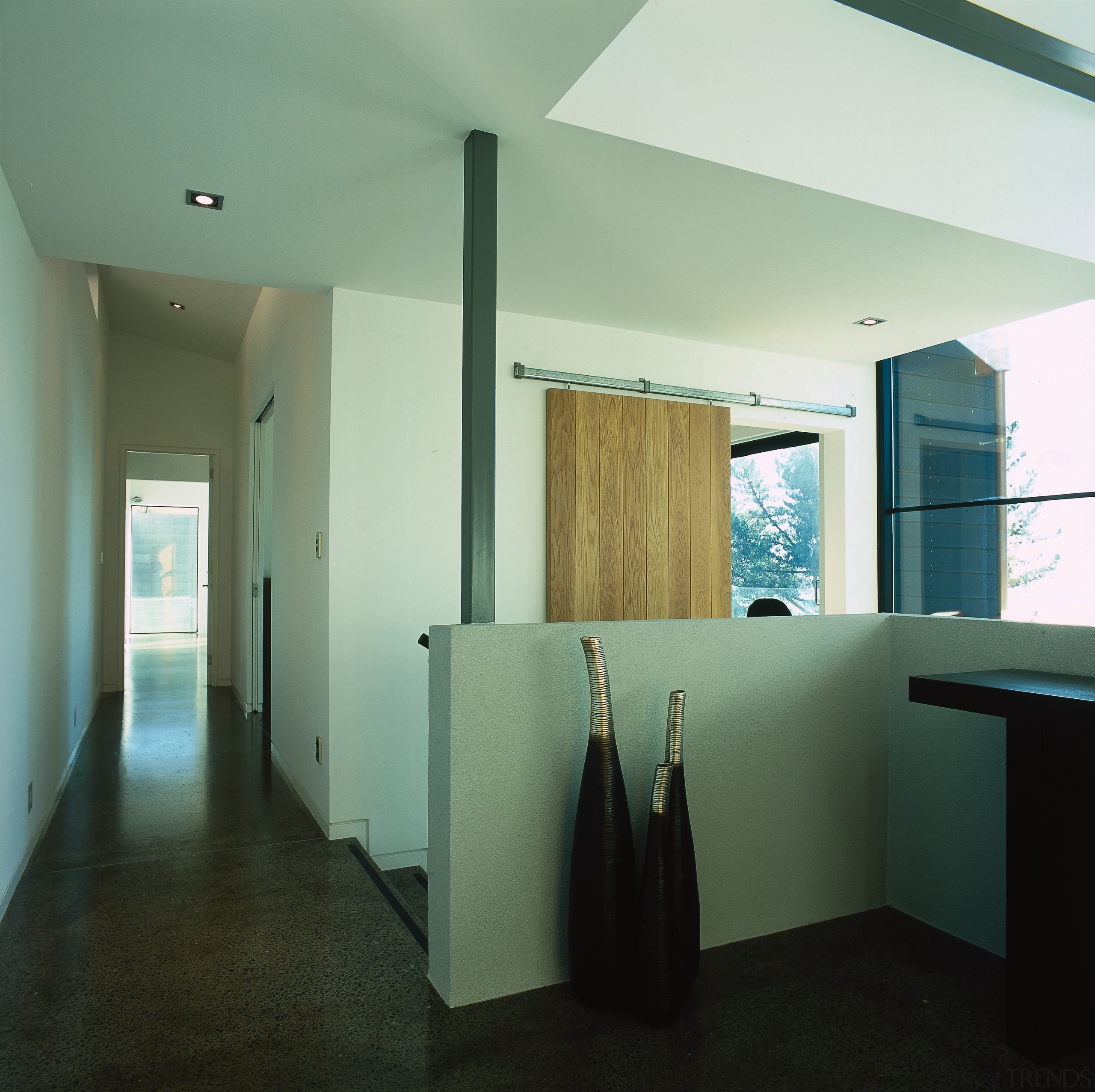 View of the hallway between the master bedroom architecture, ceiling, daylighting, floor, flooring, glass, home, house, interior design, real estate, room, wall, window, black, green