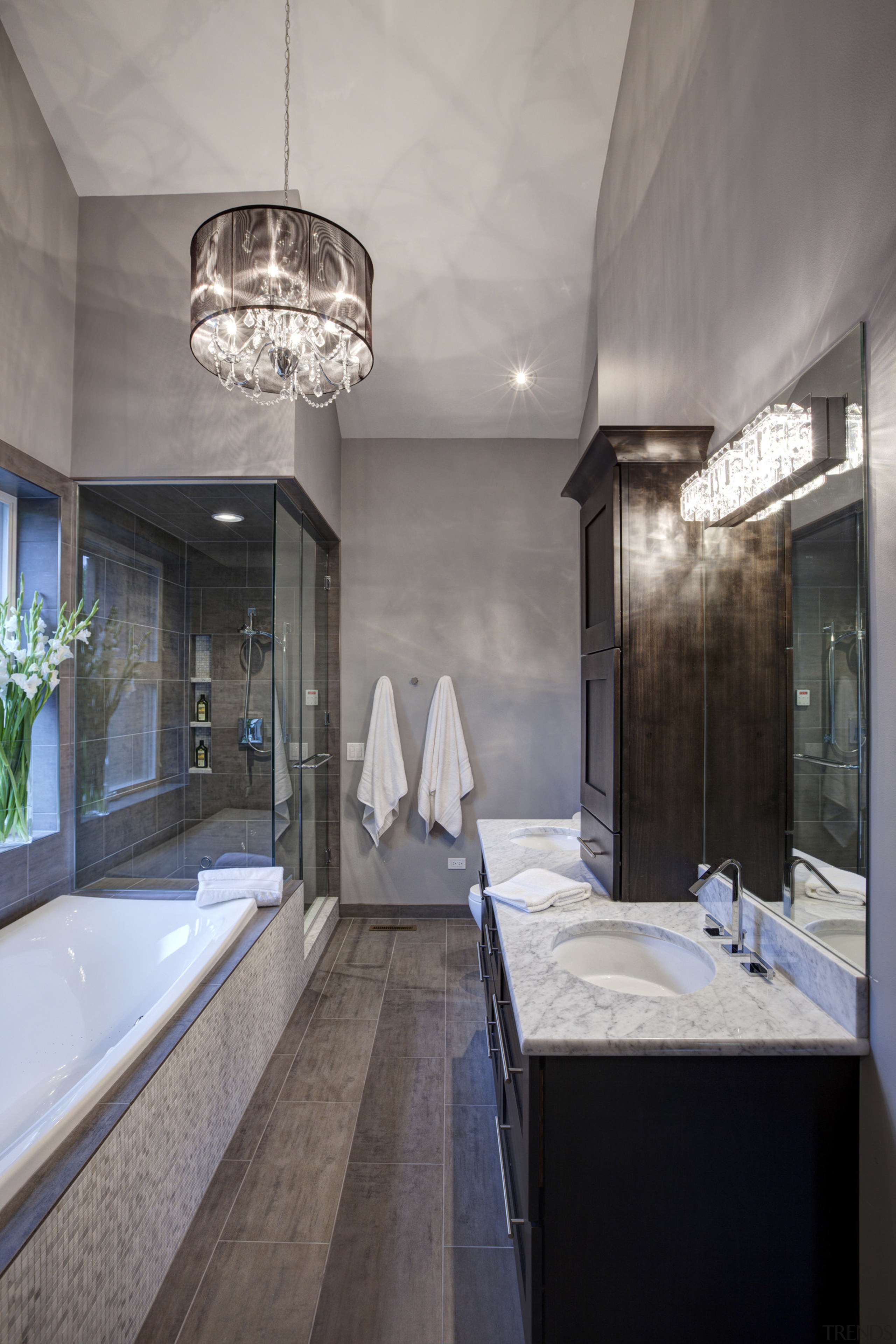 Narrow bathroom, glass shower and carera marble - architecture, bathroom, ceiling, countertop, daylighting, estate, house, interior design, gray