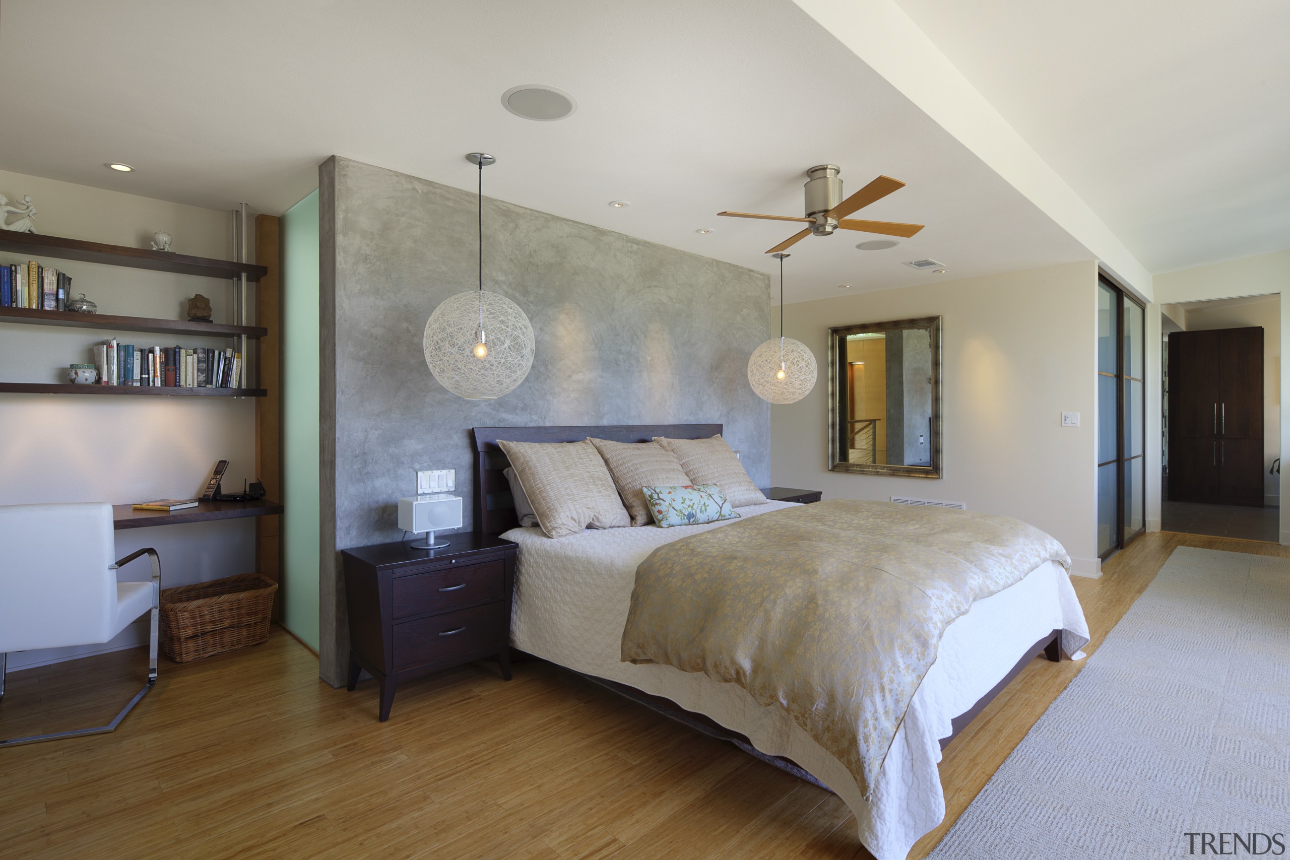 View of bedroom with wooden flooring, double bed bed frame, bedroom, ceiling, estate, floor, home, house, interior design, real estate, room, suite, wall, gray