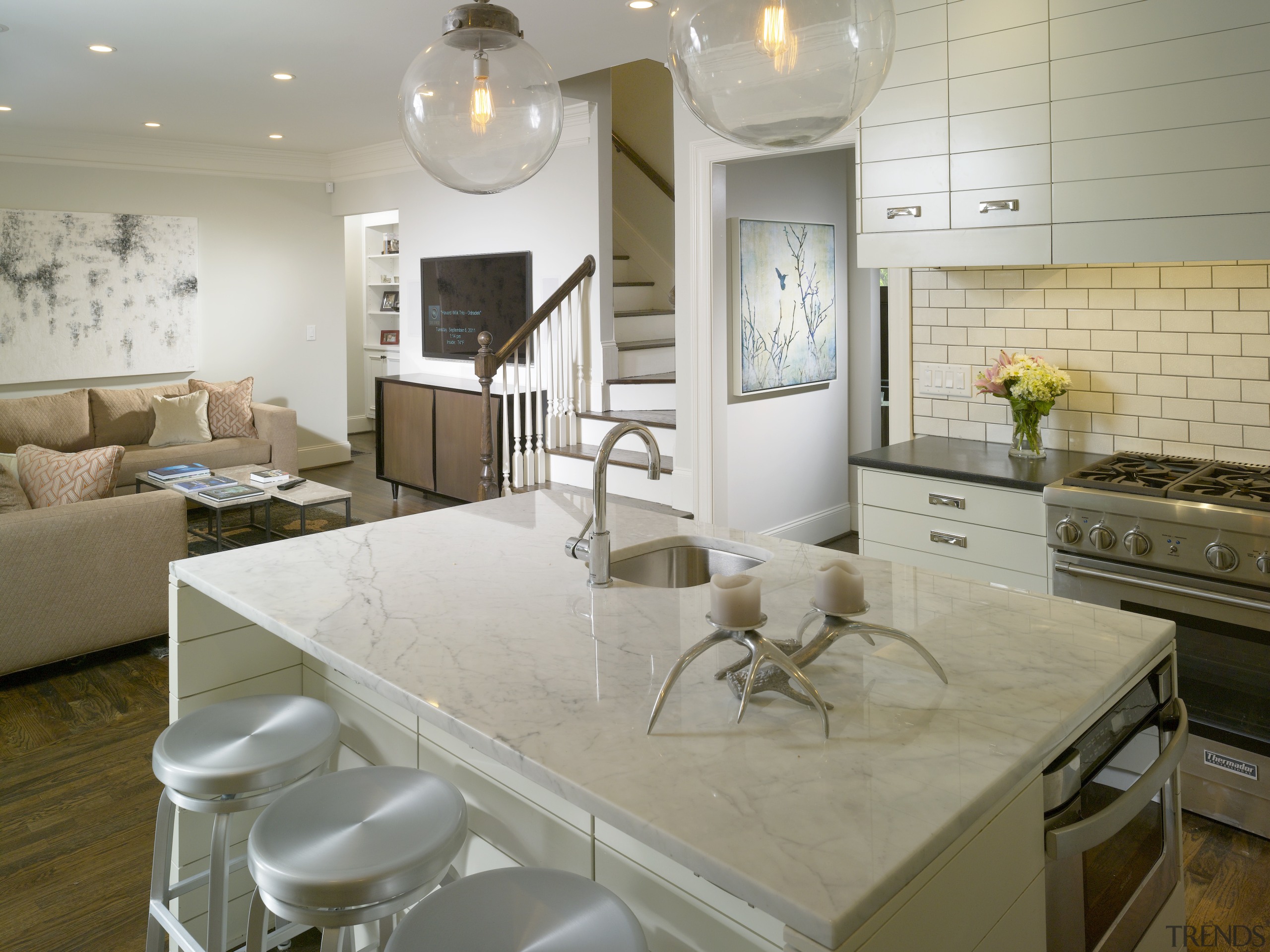 View of kitchen by Designer Willis Watts. Remodelled ceiling, countertop, flooring, home, interior design, kitchen, living room, real estate, room, gray