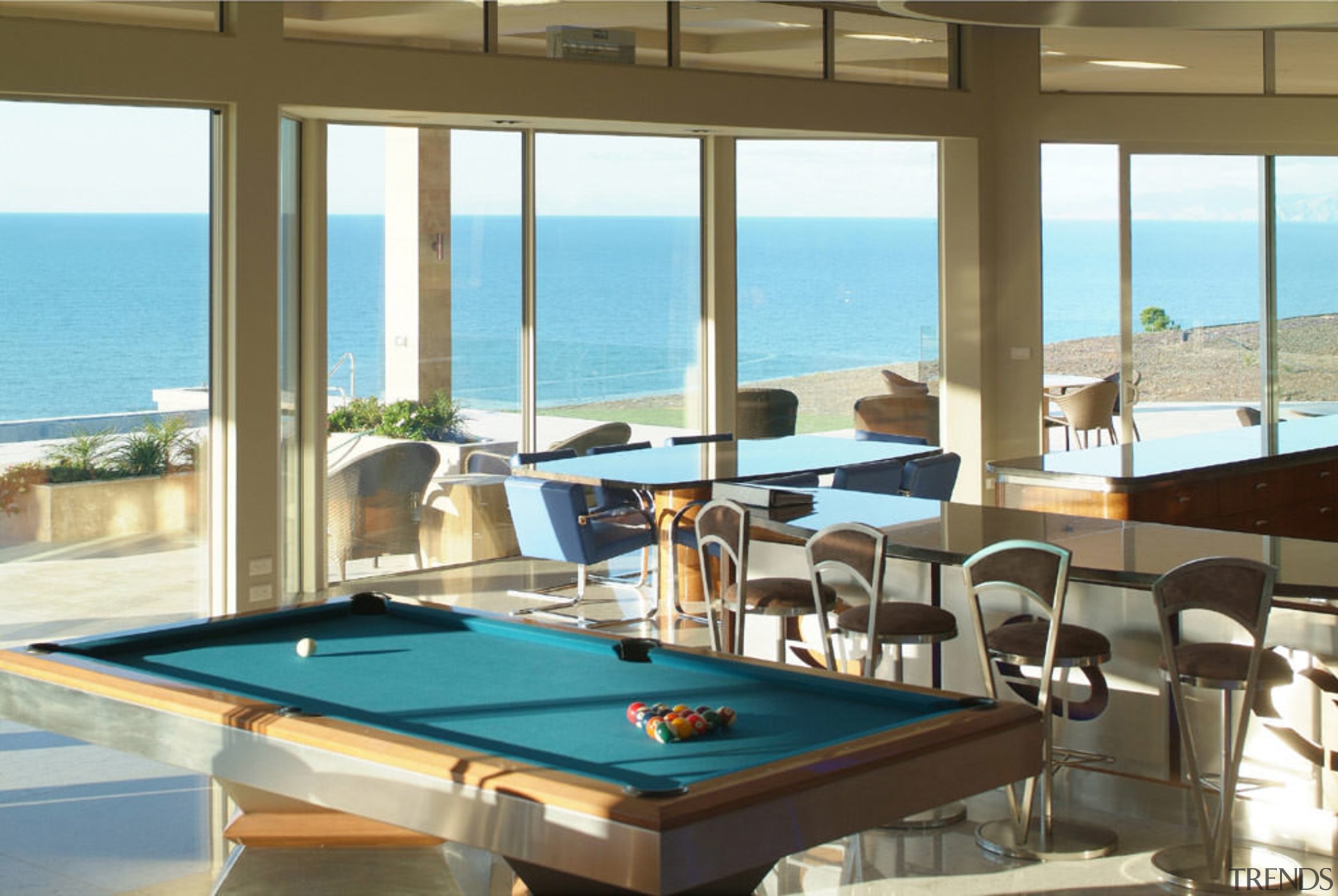 Interior view of the Malibu Lodge at the billiard room, leisure, pool, recreation room, resort, table, brown, white