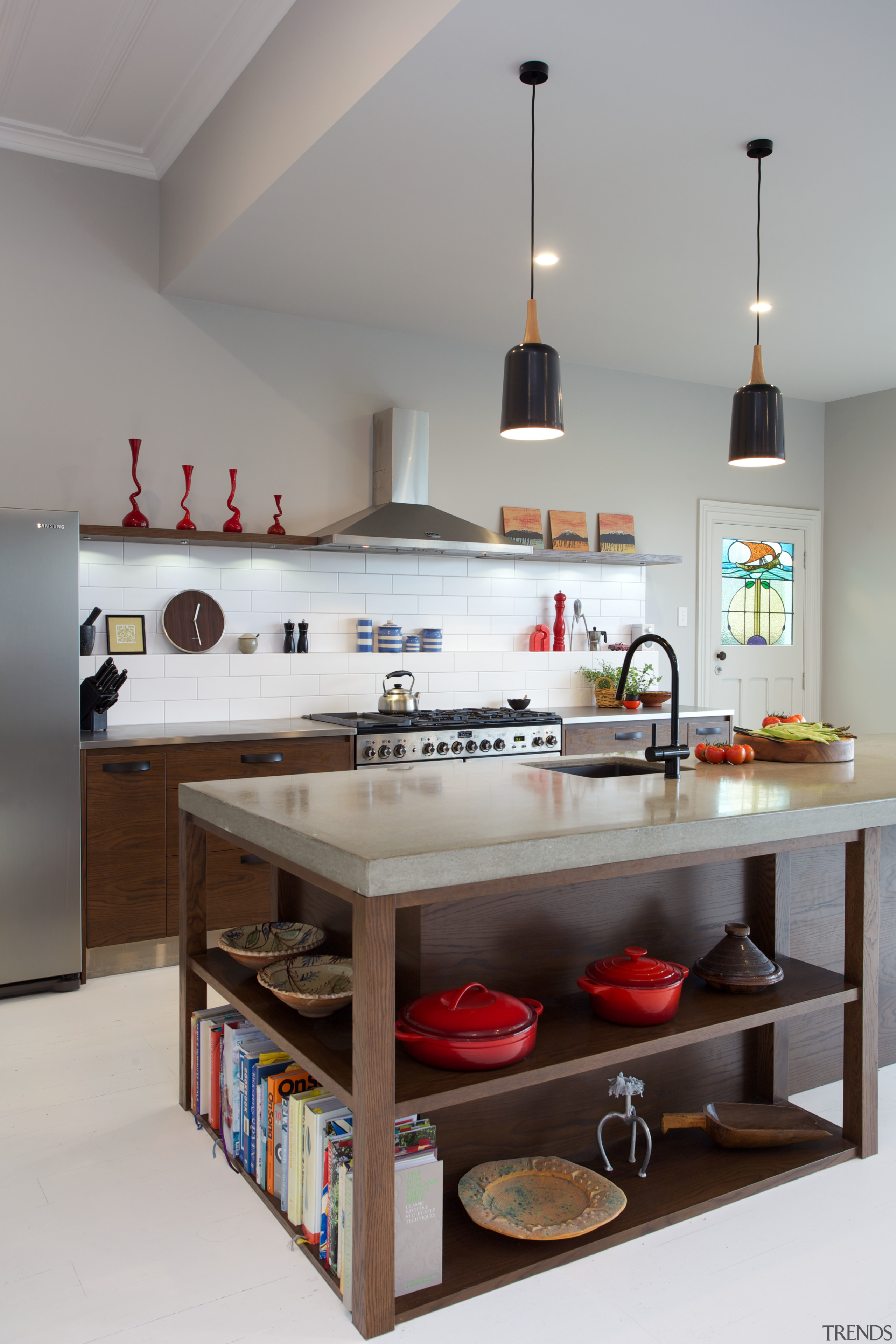 Stained wood cabinetry offers warmth and a furniture-like countertop, interior design, kitchen, product design, room, table, gray