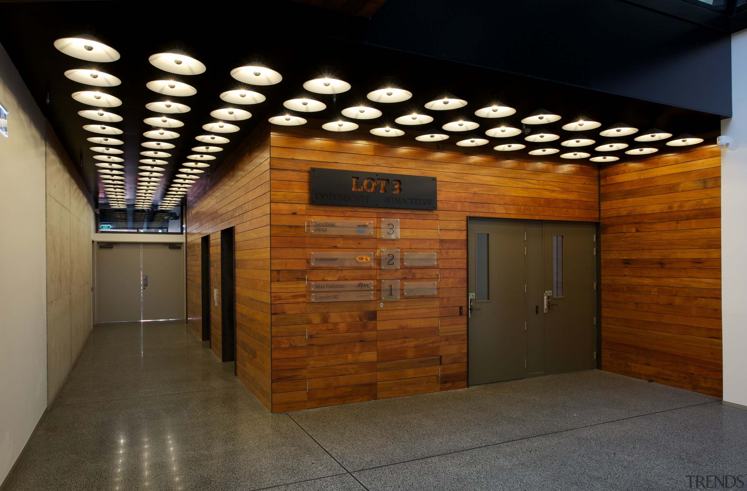 The lobby entry to Lot 3, completed by architecture, ceiling, interior design, lobby, wood, brown, black