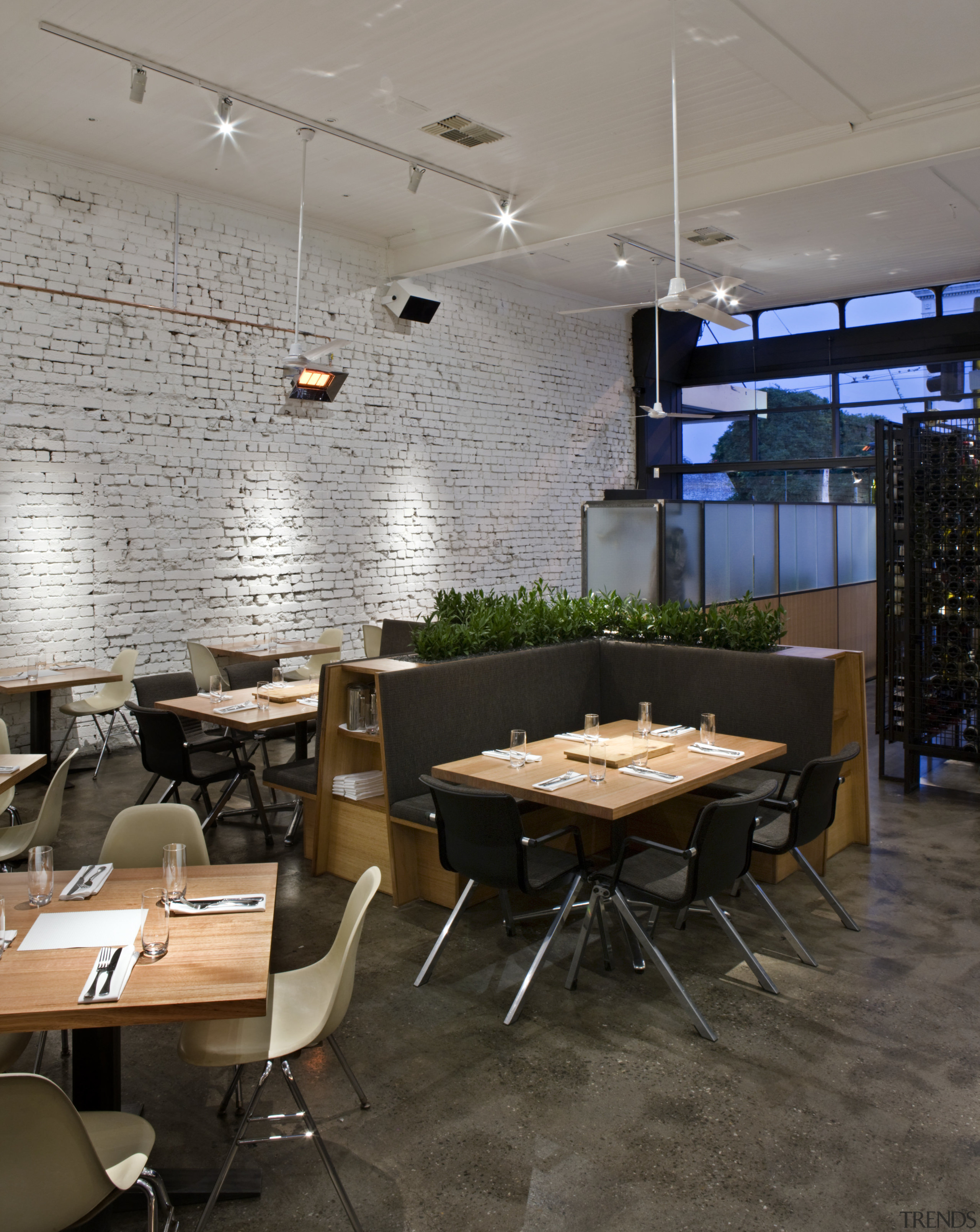 View of the cafe area at the St architecture, café, ceiling, furniture, interior design, restaurant, table, gray, black
