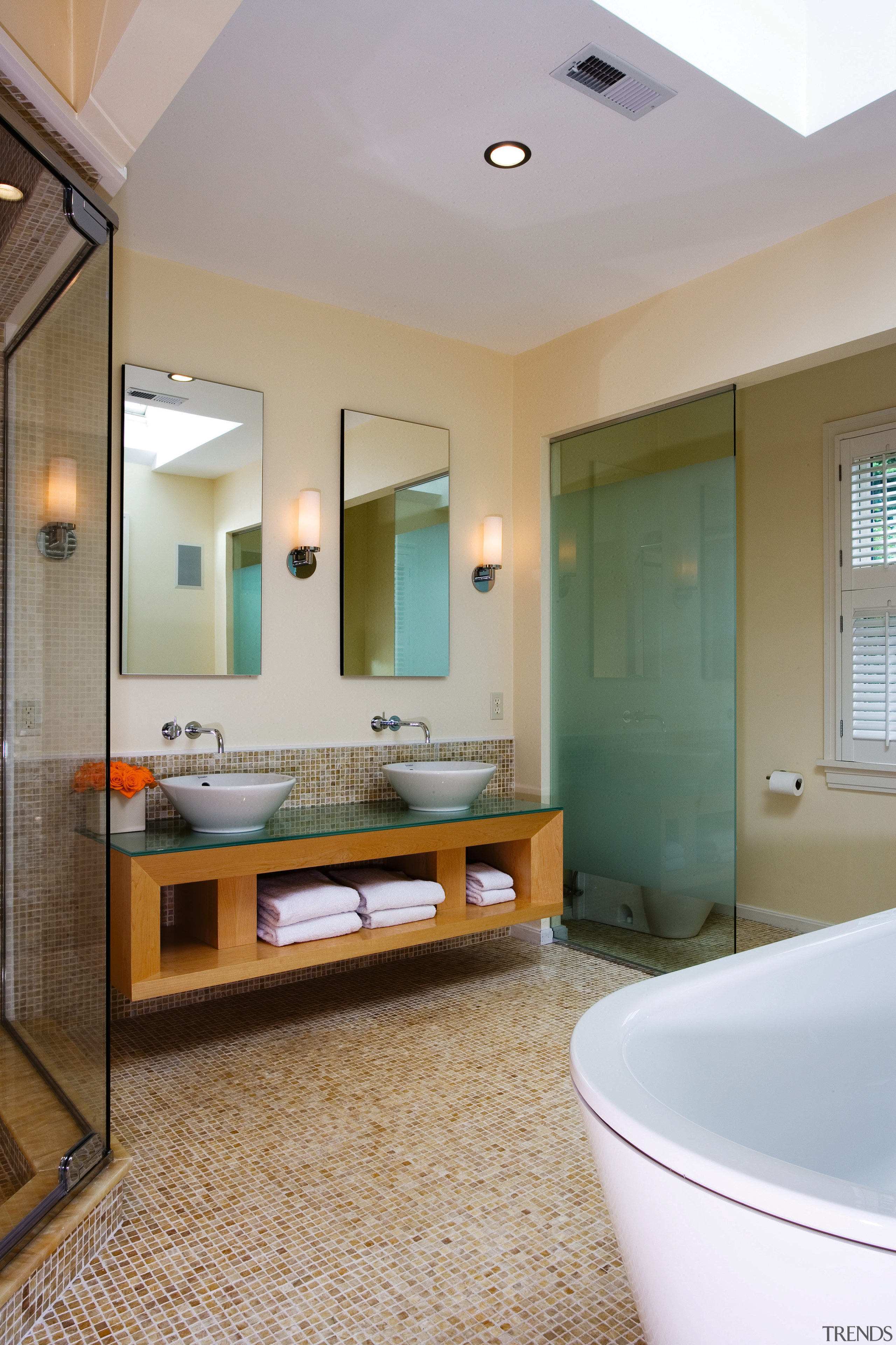 view of the bathroom featuring, freestanding bathtub, glass bathroom, ceiling, floor, home, interior design, real estate, room, gray