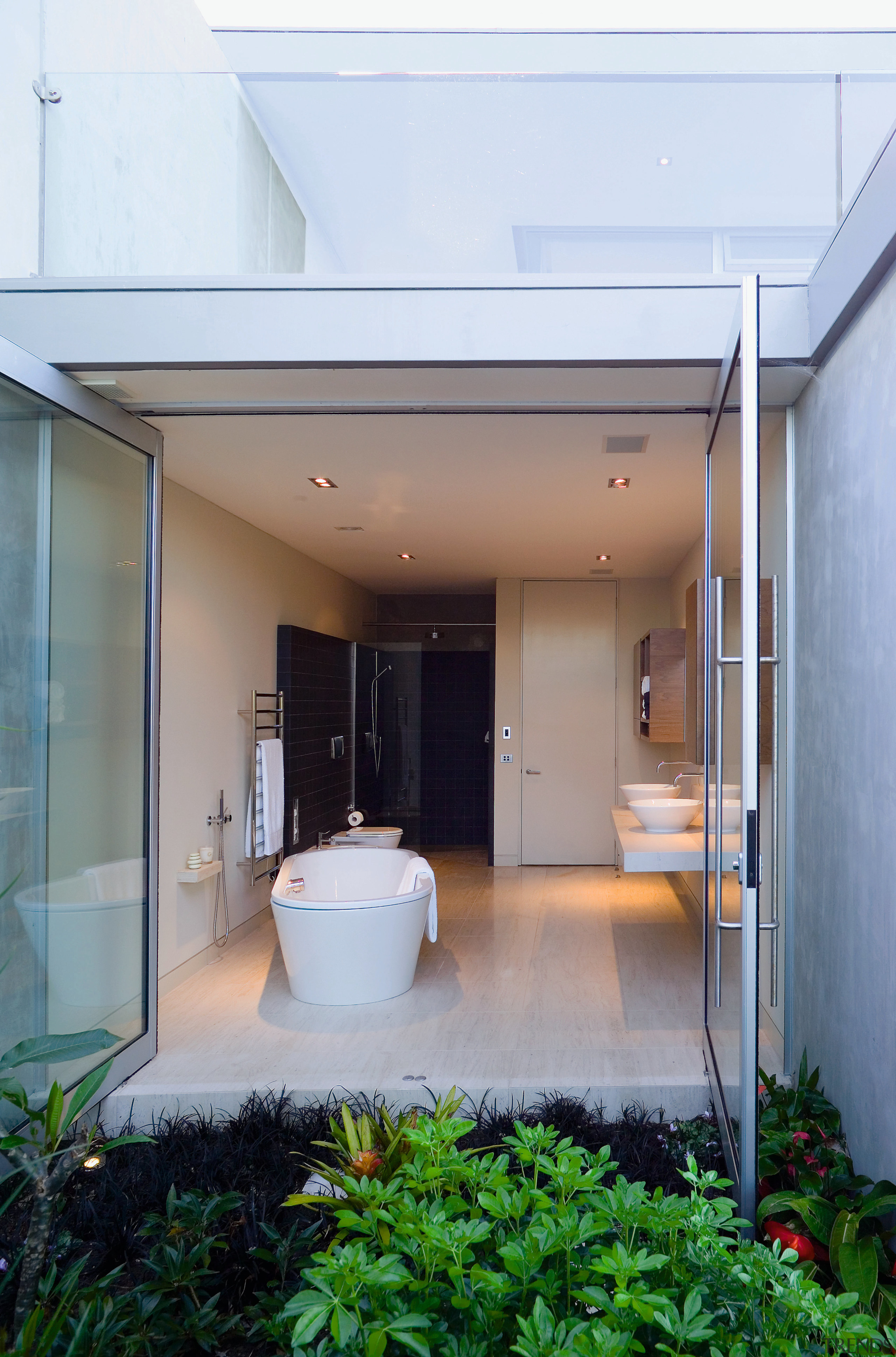 A view of the master bathroom from the architecture, ceiling, courtyard, daylighting, facade, home, house, interior design, real estate, window, white