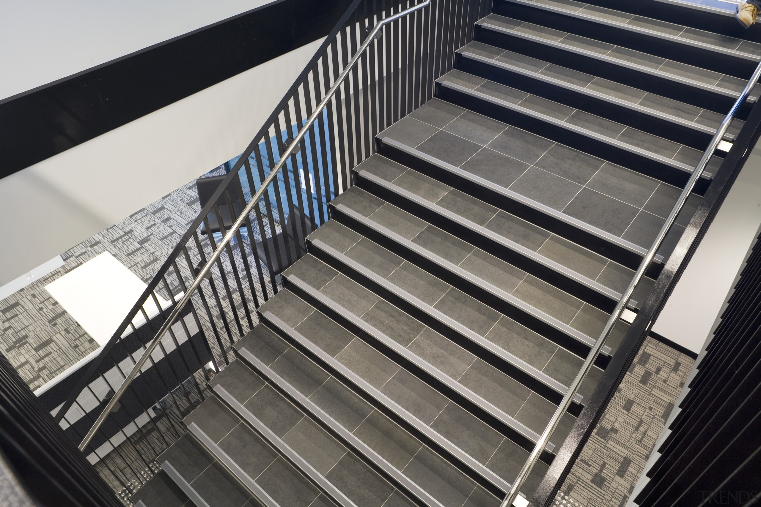 Many stair treads and walkways in the Green architecture, building, daylighting, handrail, iron, line, metal, stairs, steel, gray, black