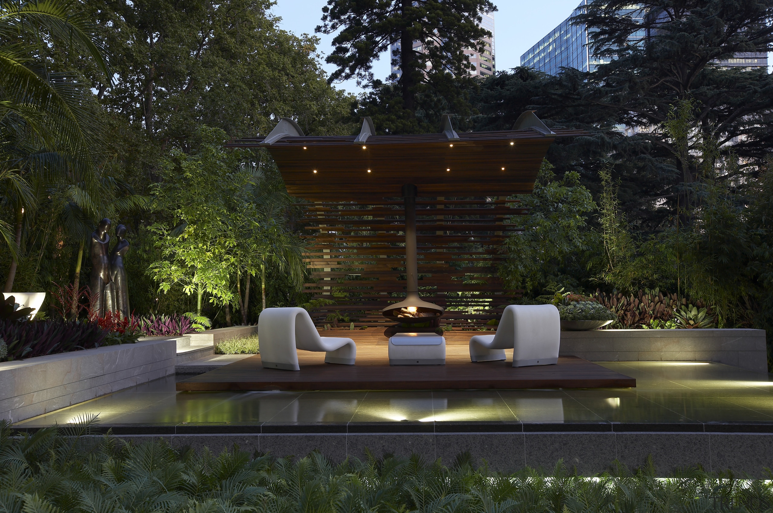 View of "Reflections" a landscape by Designer Dean architecture, backyard, courtyard, estate, garden, home, house, landscape, landscape lighting, landscaping, lighting, outdoor structure, plant, real estate, yard, black