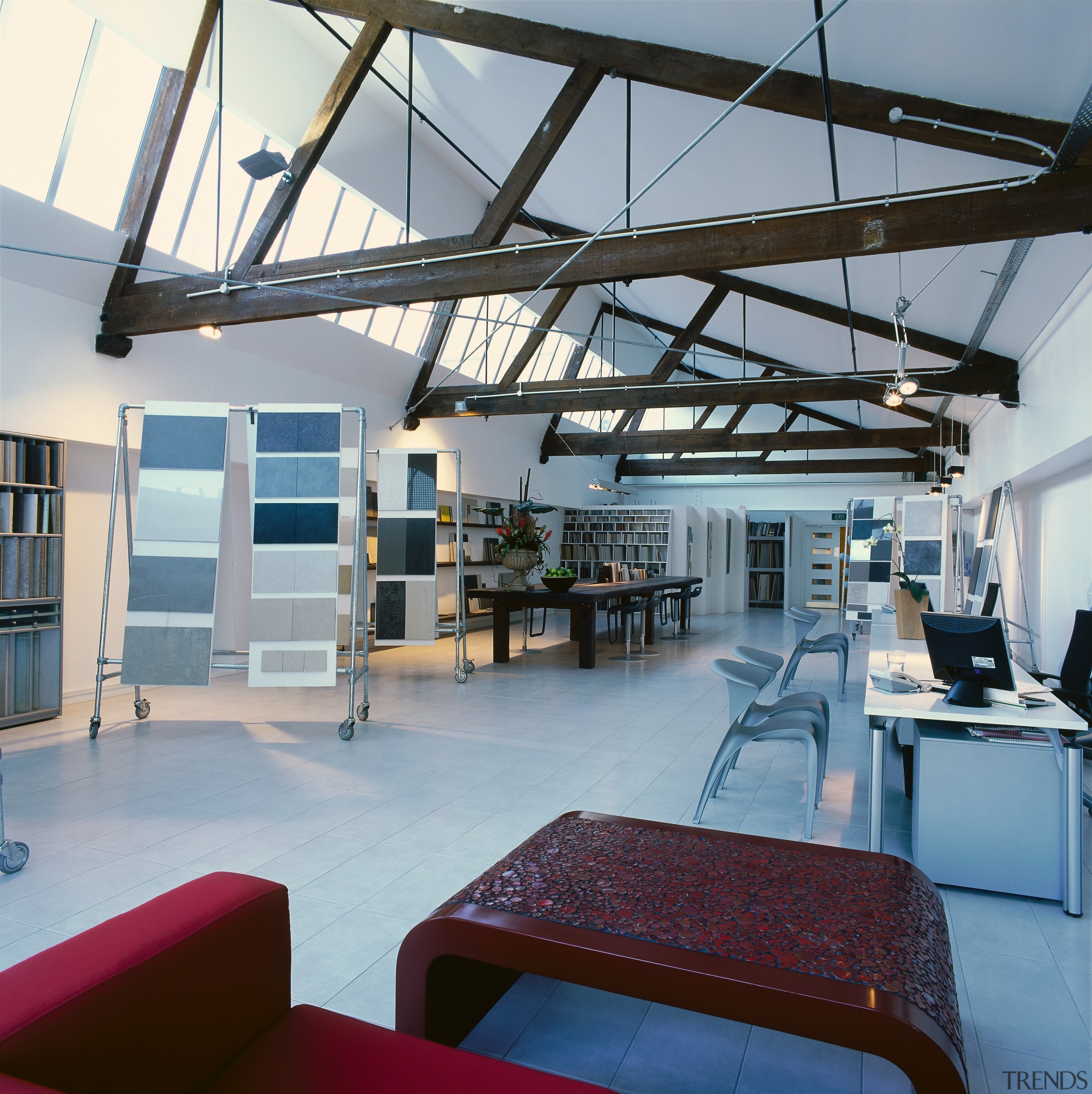 Heritage tiles office space within the building, simple ceiling, daylighting, interior design, loft, real estate, roof, gray