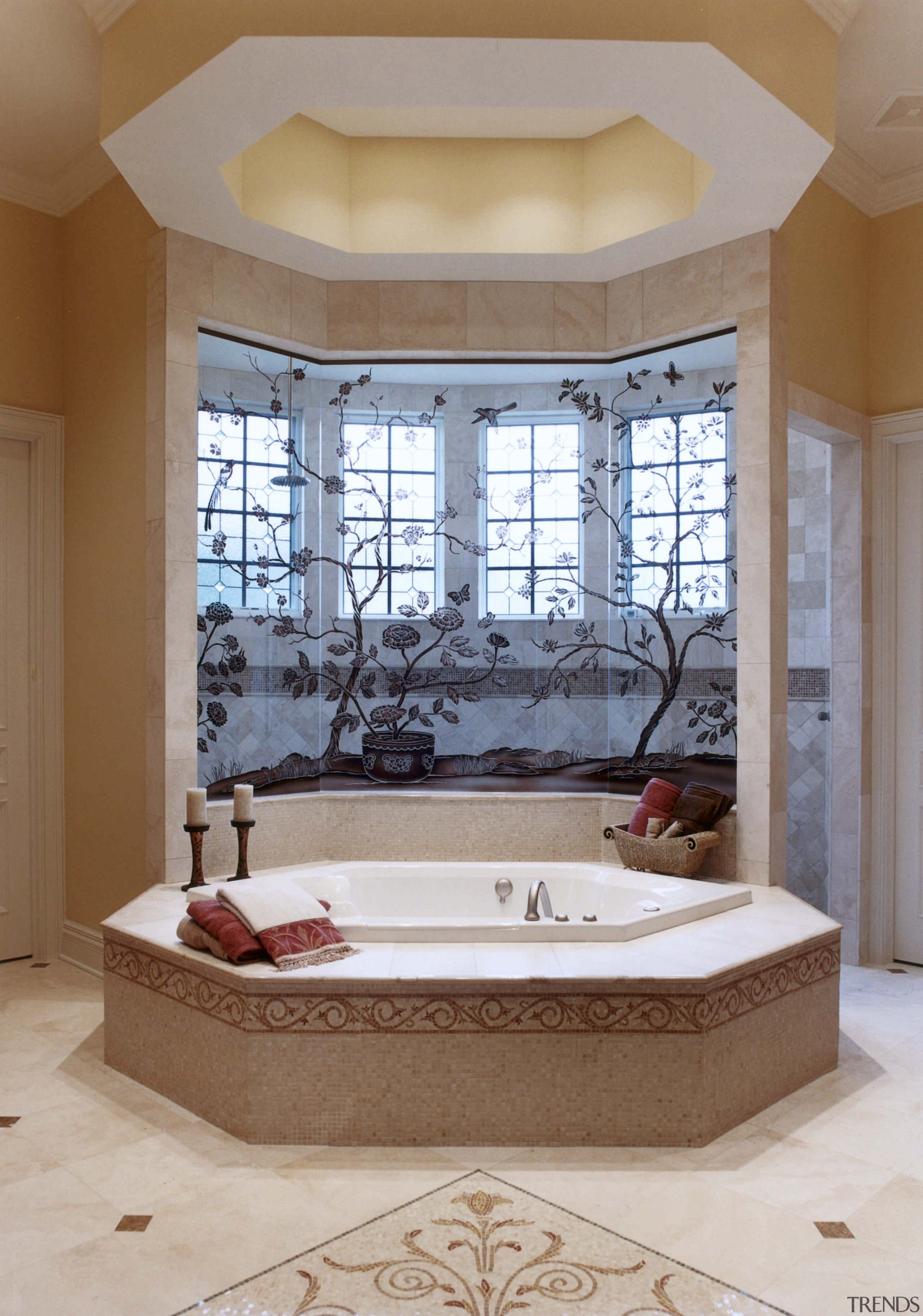 A view of this octagon shaped bathroom designed bathroom, ceiling, estate, floor, flooring, home, interior design, room, wall, window, gray, brown