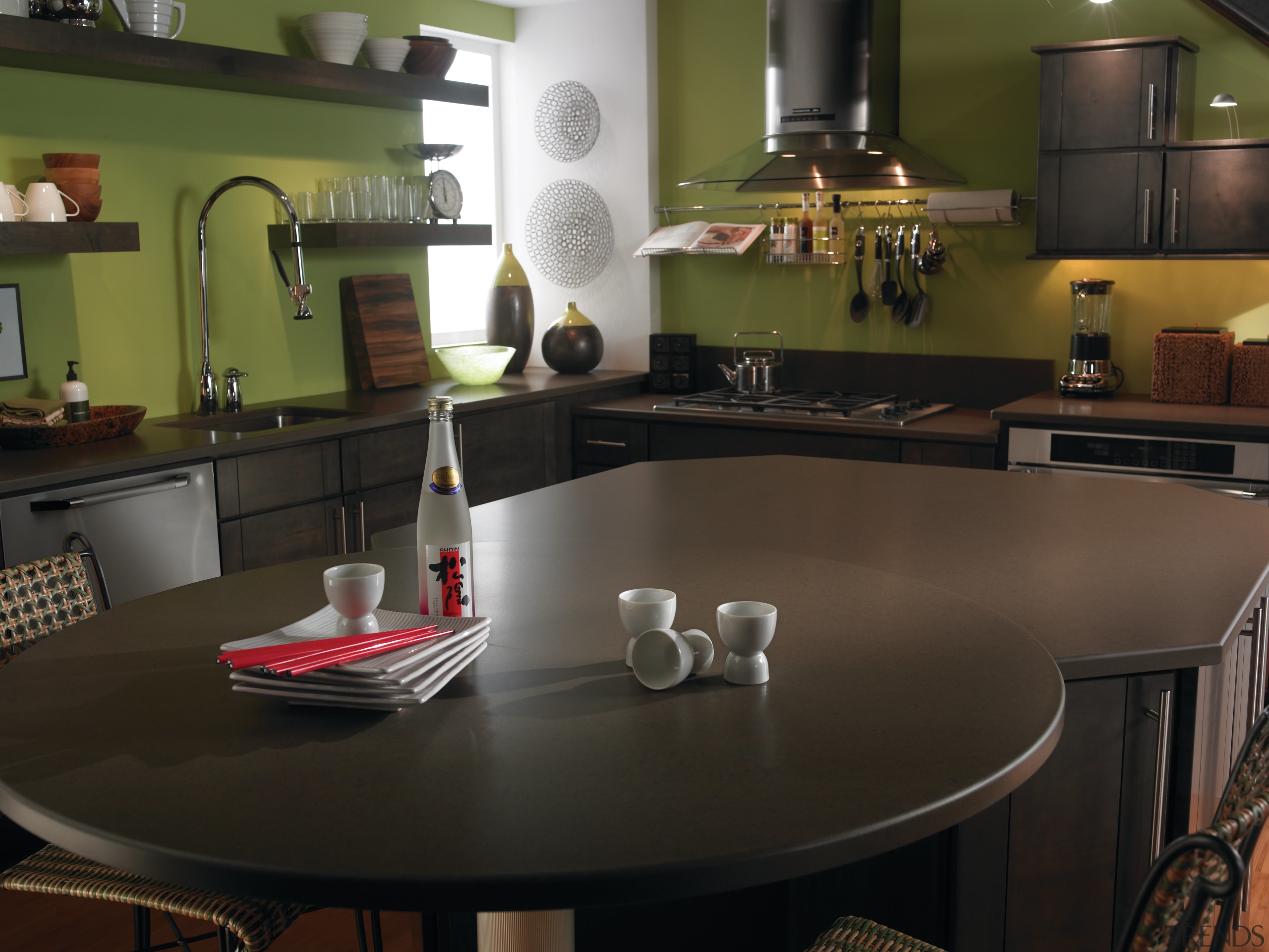 View of a kitchen which features Silestone-topped counters countertop, interior design, kitchen, room, table, black