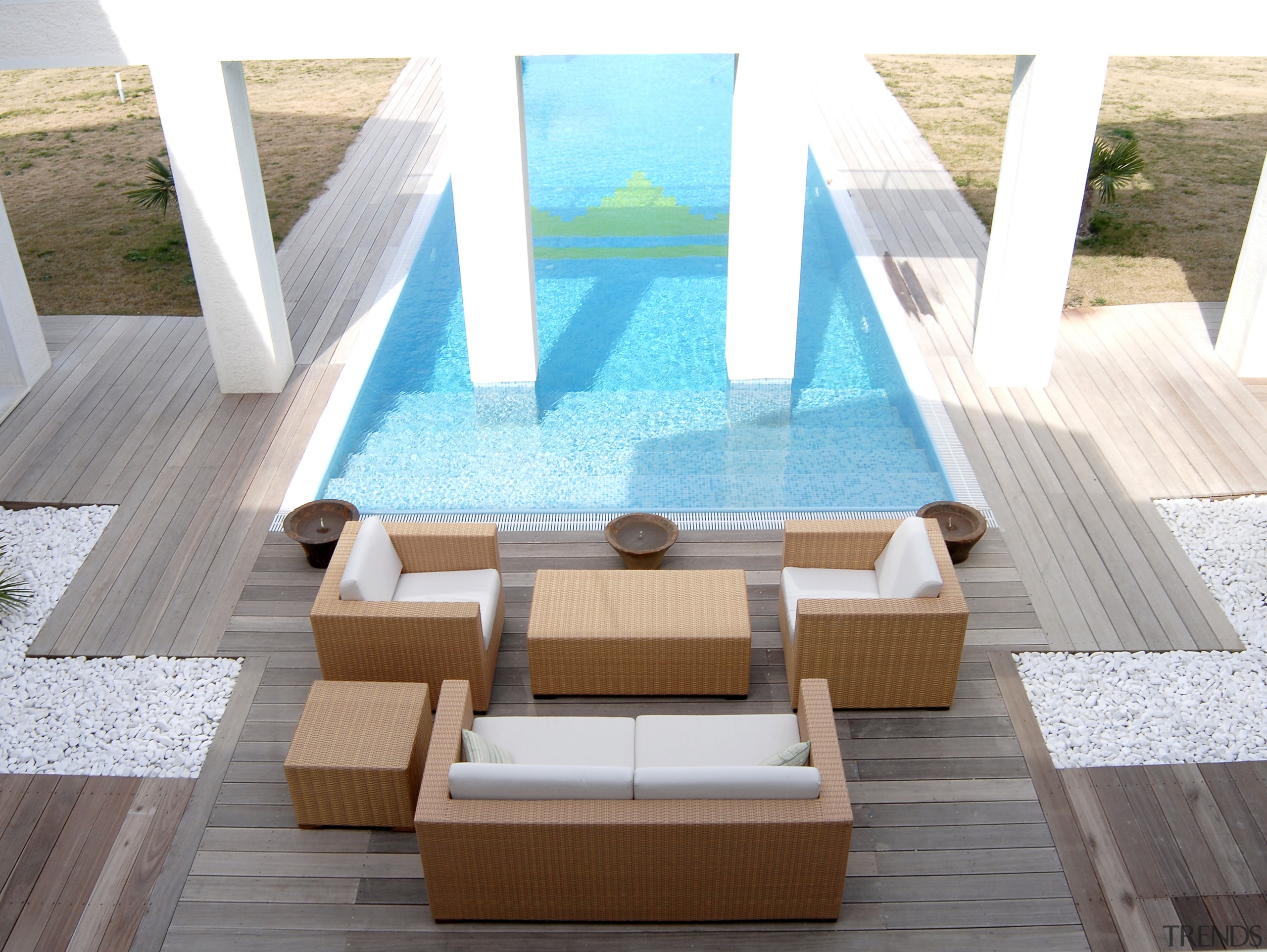 View of a pool which has the new architecture, chair, daylighting, floor, furniture, outdoor furniture, product design, property, sunlounger, swimming pool, table, wood, white