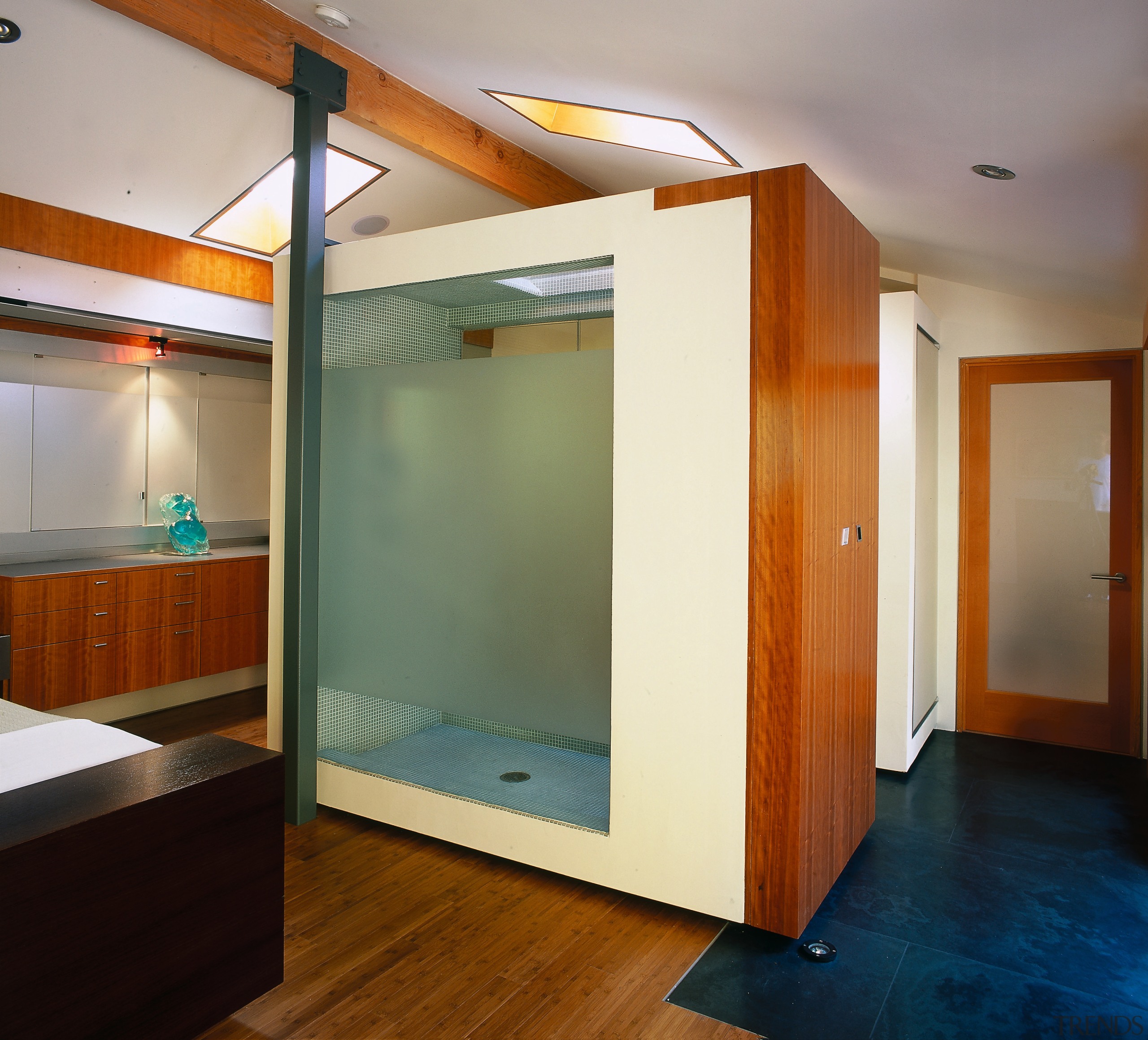 Interior view of bathroom - Interior view of architecture, cabinetry, ceiling, floor, flooring, interior design, real estate, room, wall, wood, gray, brown