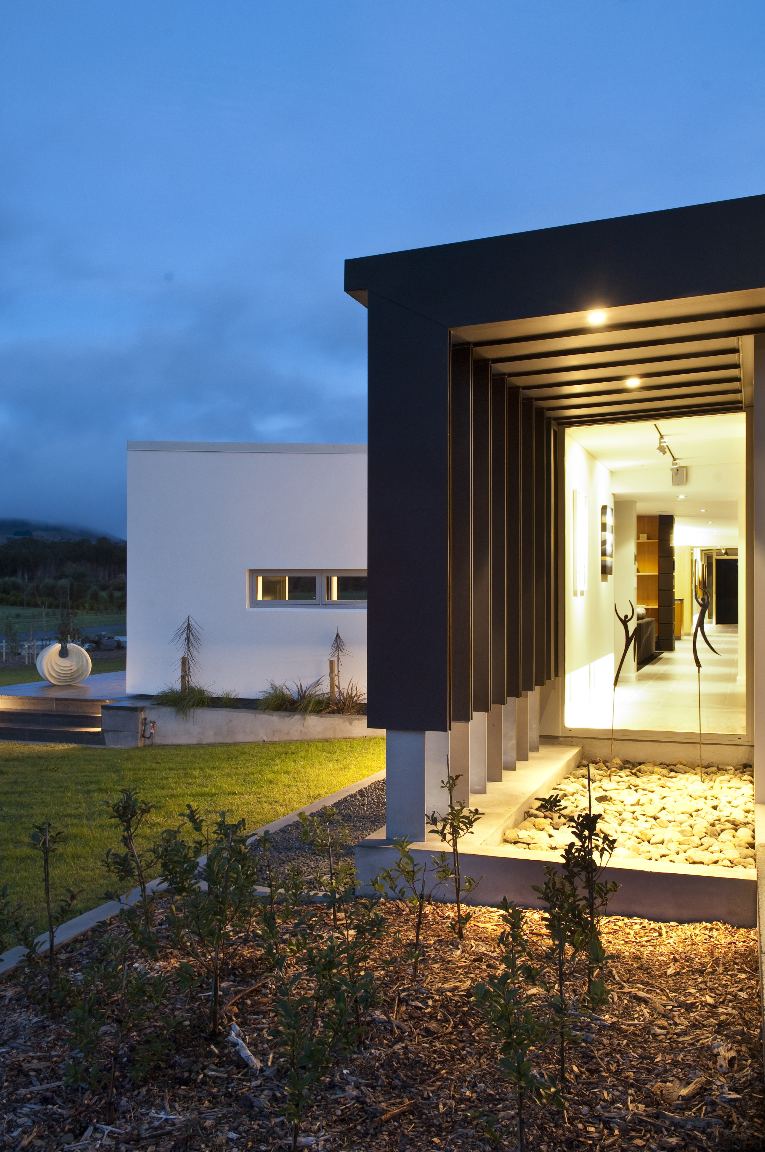 View of contemporary bach with terrace, sheltered courtyard architecture, building, estate, facade, home, house, real estate, sky, villa, window, teal